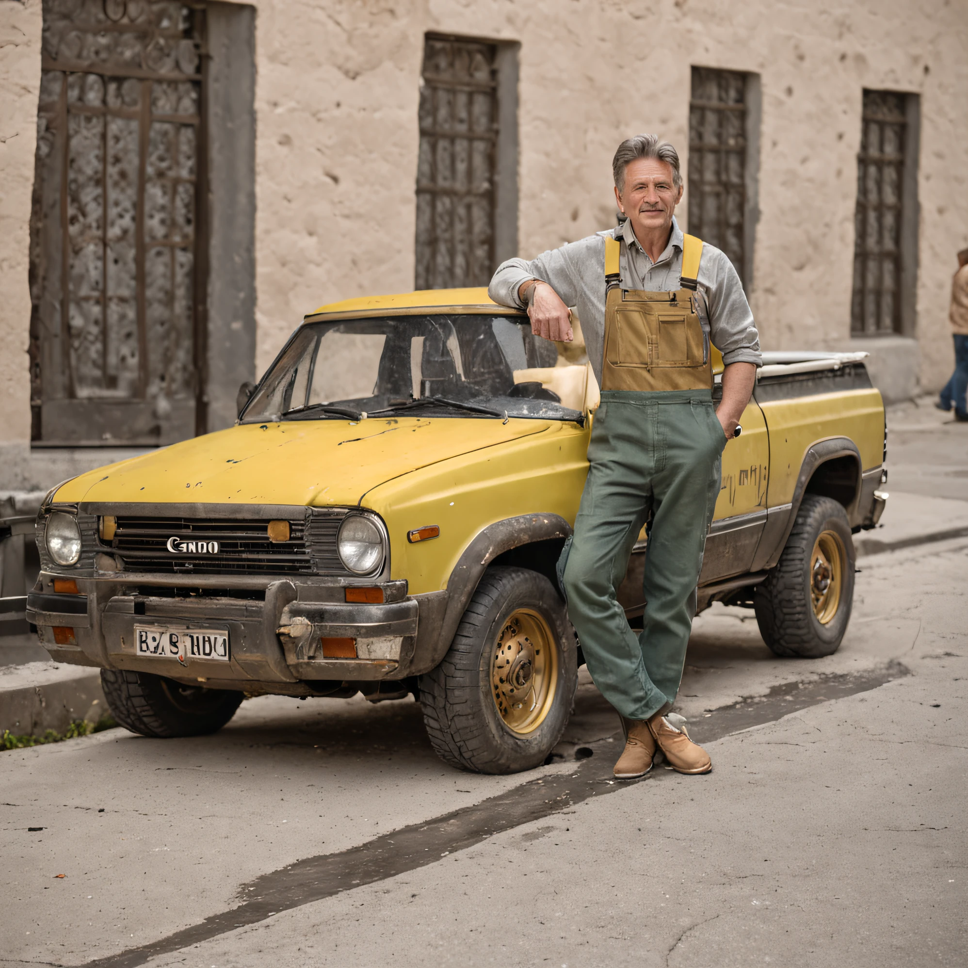 Middle-aged male American,brown hair,Green short sleeves,Denim cargo suspenders,Wash with a Kärcher pressure washer,Washing yellow cement engineering vehicles on the moon