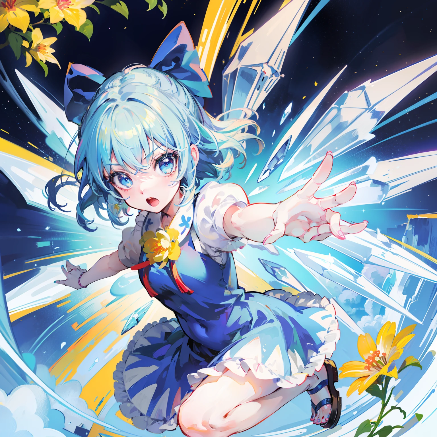 masutepiece, Fine detail, 4K, 8K, 12K, Solo, 1 person, Beautiful Girl, caucasian female, Cirno, Light blue hair, Cheerful pose, Open mouth, Big eyes, Open eyes, ice wings, Yellow flowers, pink flowers, Summer, Dusk