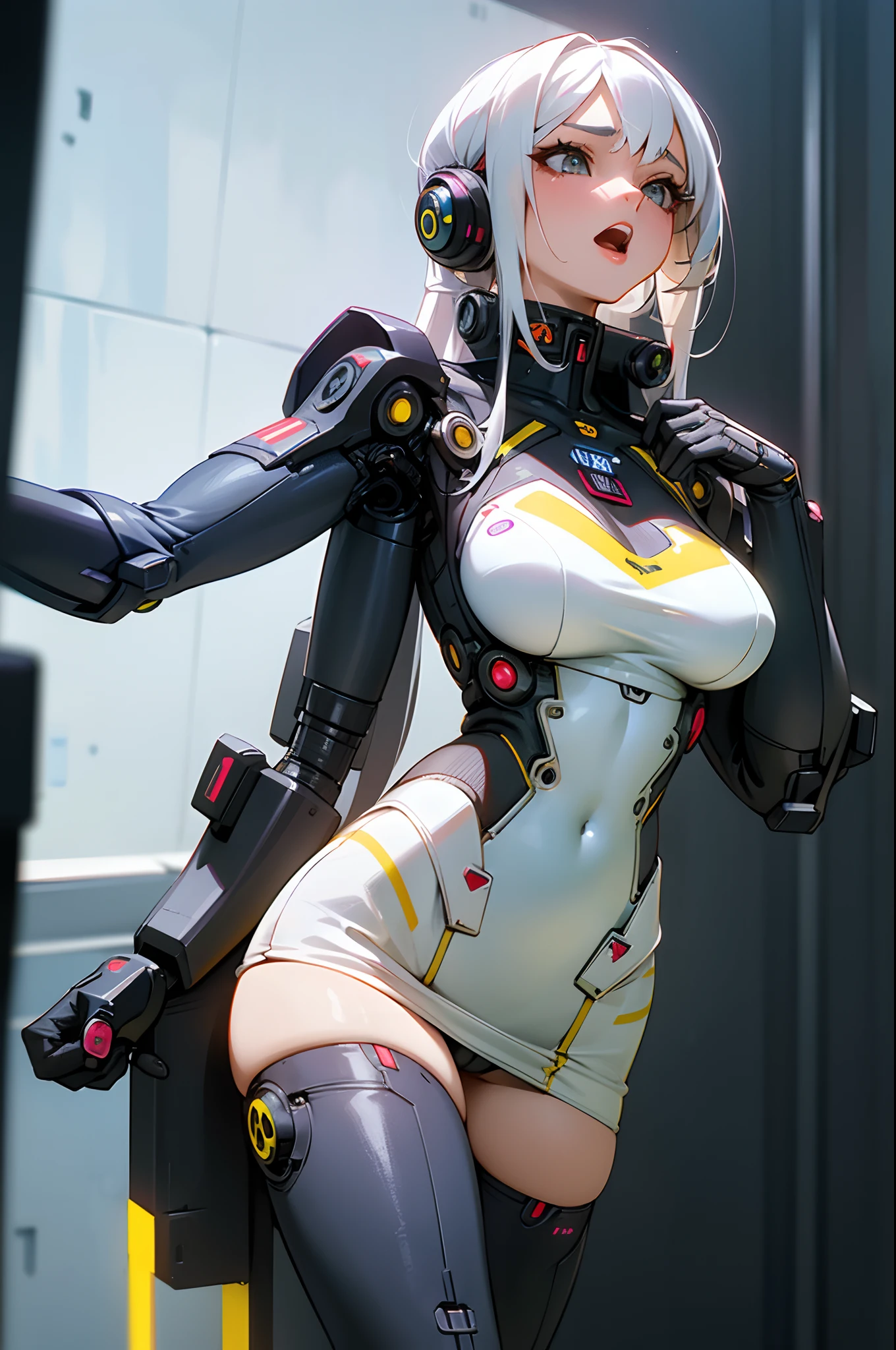 look at camera、Detailed underwear、Realistic of muscles、Beautiful cybernetic girl, Camel Toe、flawless lighting、Perfect body、perfect faces、Yawn with open mouth、Realistic facial features、 Large breasts emphasis、Heavy breasts, Hanging breasts, cleavage, pussyprint, areolas protruding, hentai, sexy pornstar pose、a woman in a short skirt and headphones posing for a picture, cyborg girl, Cyborg - girl, oppai cyberpunk, beutiful girl cyborg, female cyberpunk anime girl, cute cyborg girl, cyberpunk anime girl, beautiful white girl cyborg, perfect anime cyborg woman, cyberpunk 2 0 y. o model girl, perfect android girl, cyberpunk beautiful girl, cyberpunk girl, japanese cyborg --auto