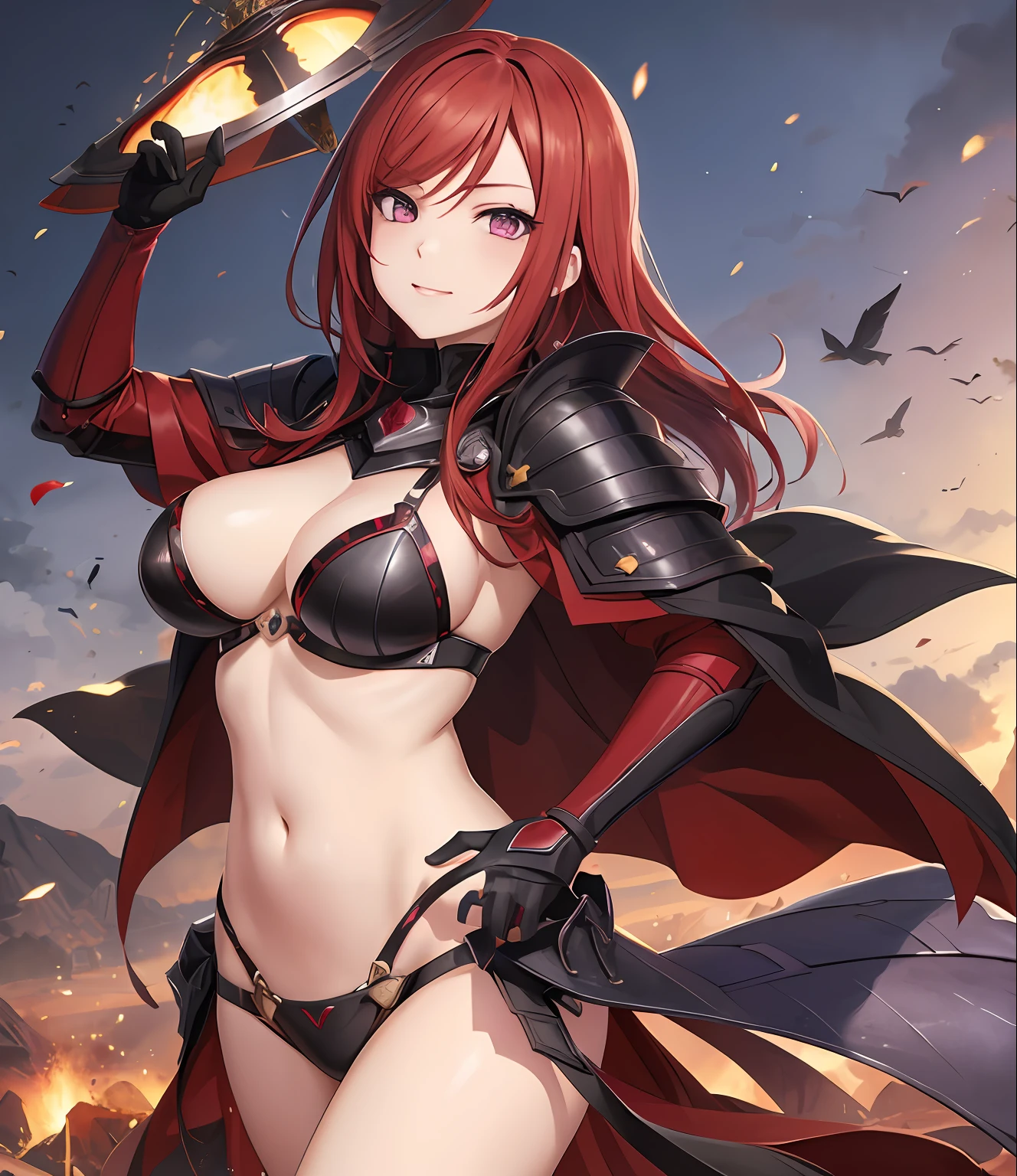 Maki Nishikino, Purple eyes, red hair,(armadura:1.2),Armadura Dourada,topo de corte , LLChar, Breast armor, parte superior do corpo,sozinho, rosto fechado para cima, clivagem