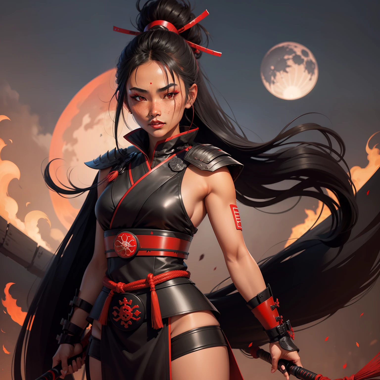 Female samurai warrior, jet black hair, dark skinned tanned, red black, bright moon, freckles on the face, red lipstick, full body