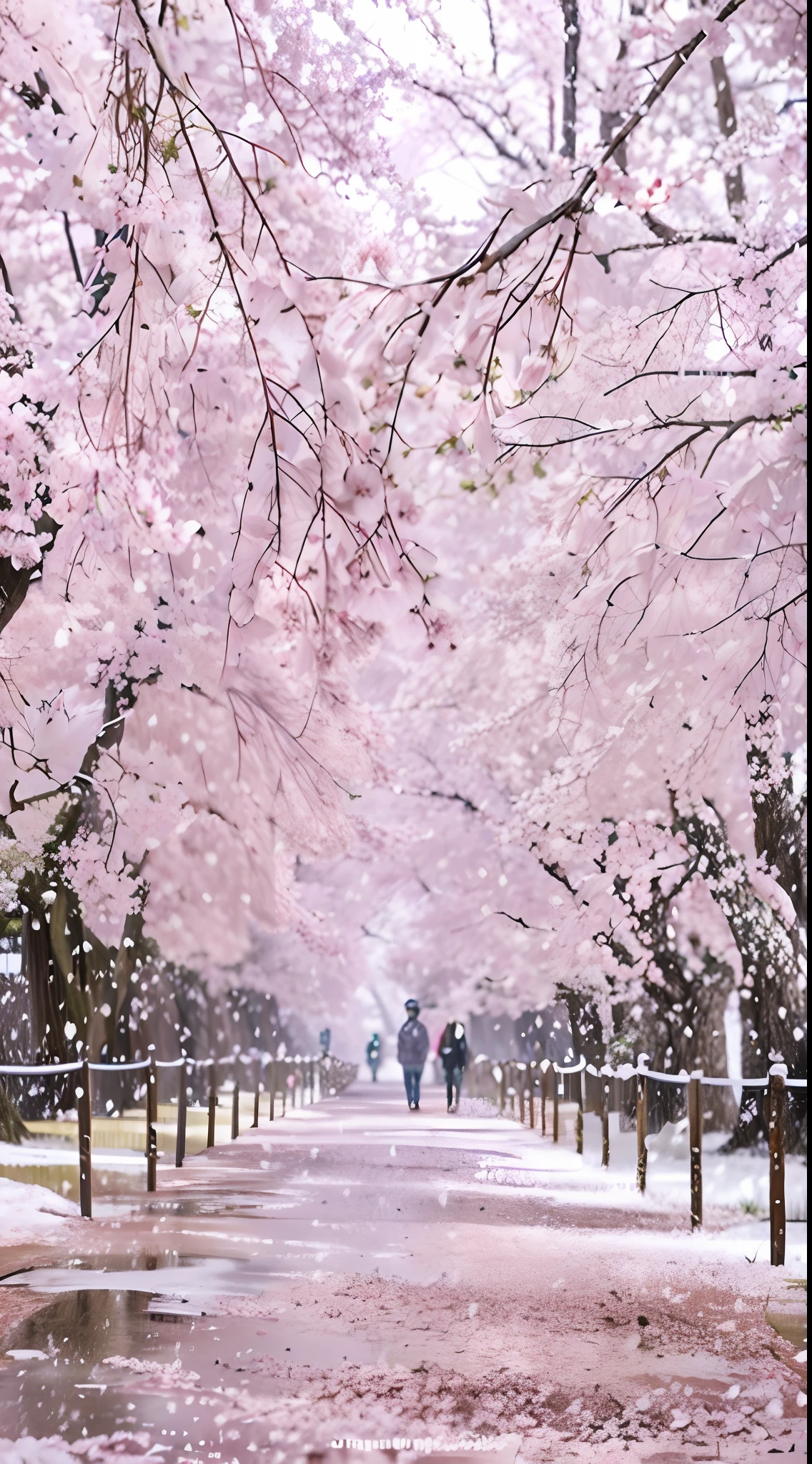 There was a man walking down the path with an umbrella, cherry blossom rain everywhere, Cherry blossom trees, Lush cherry blossom trees, the cherry trees, cherry blossom, Cherry blossom forest, blossoming path to heaven, the cherry trees, Cherry blossoms, extremely beautiful and ethereal, detailed trees in bloom, sakura season, breath - taking beautiful trees, breath-taking beautiful trees