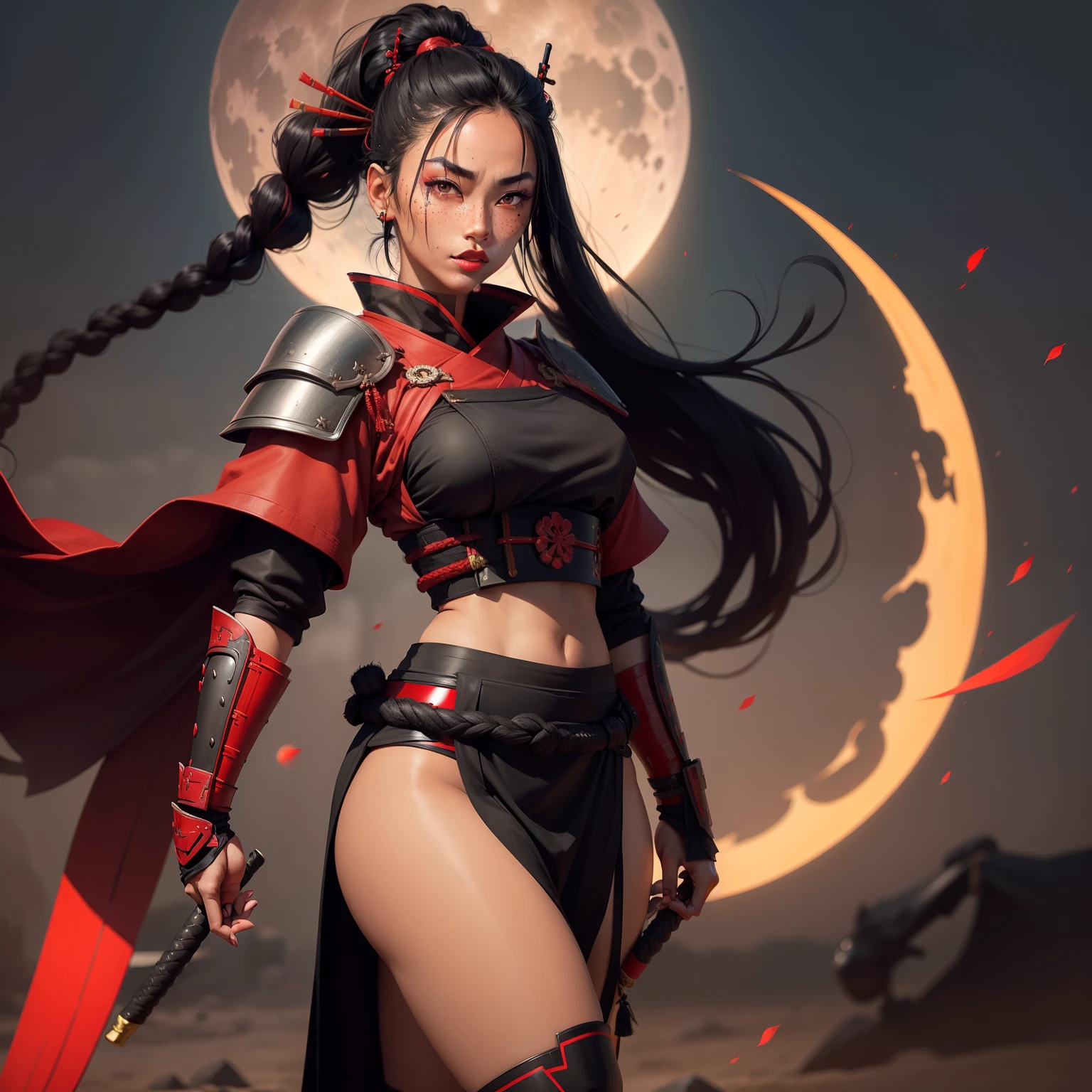 Female samurai warrior, jet black hair, dark skinned tanned, red black, bright moon, freckles on the face, red lipstick, full body