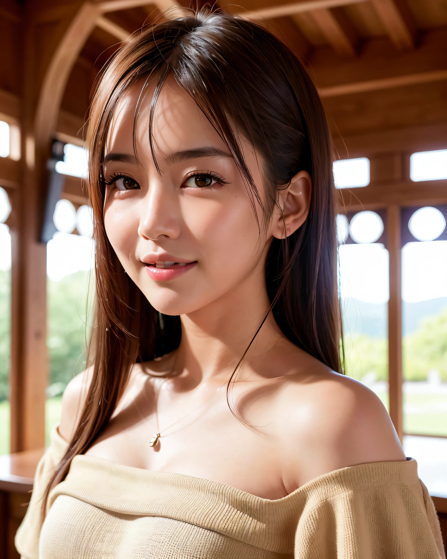 best quality, face focus, soft light, (depth of field) ,ultra high res, (photorealistic:1.4), RAW photo, (portrait:1.4) ,(from front)
1japanese girl, solo, cute, (shy, smile:1.1), (brown eyes),  detailed beautiful face, (midi_hair),
The Great Hall of a European Castle, walking,
(off shoulder shirt)