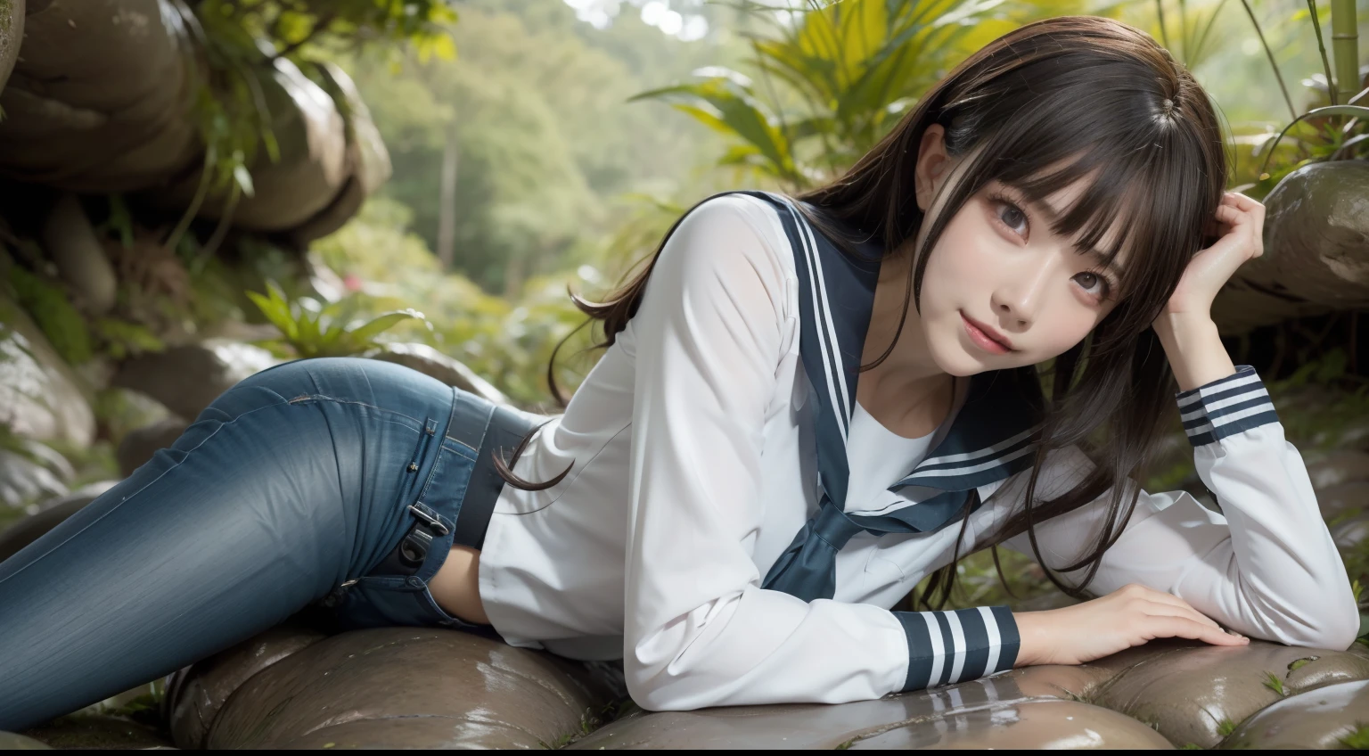 a pregirl，ssmile, looking at viewert, sailor uniformm,skintight jeans，photore, realisticlying, Best quality at best, employee, 详细的脸，Lying on a large mossy stone in a bamboo forest， diffuselighting, depth of fields