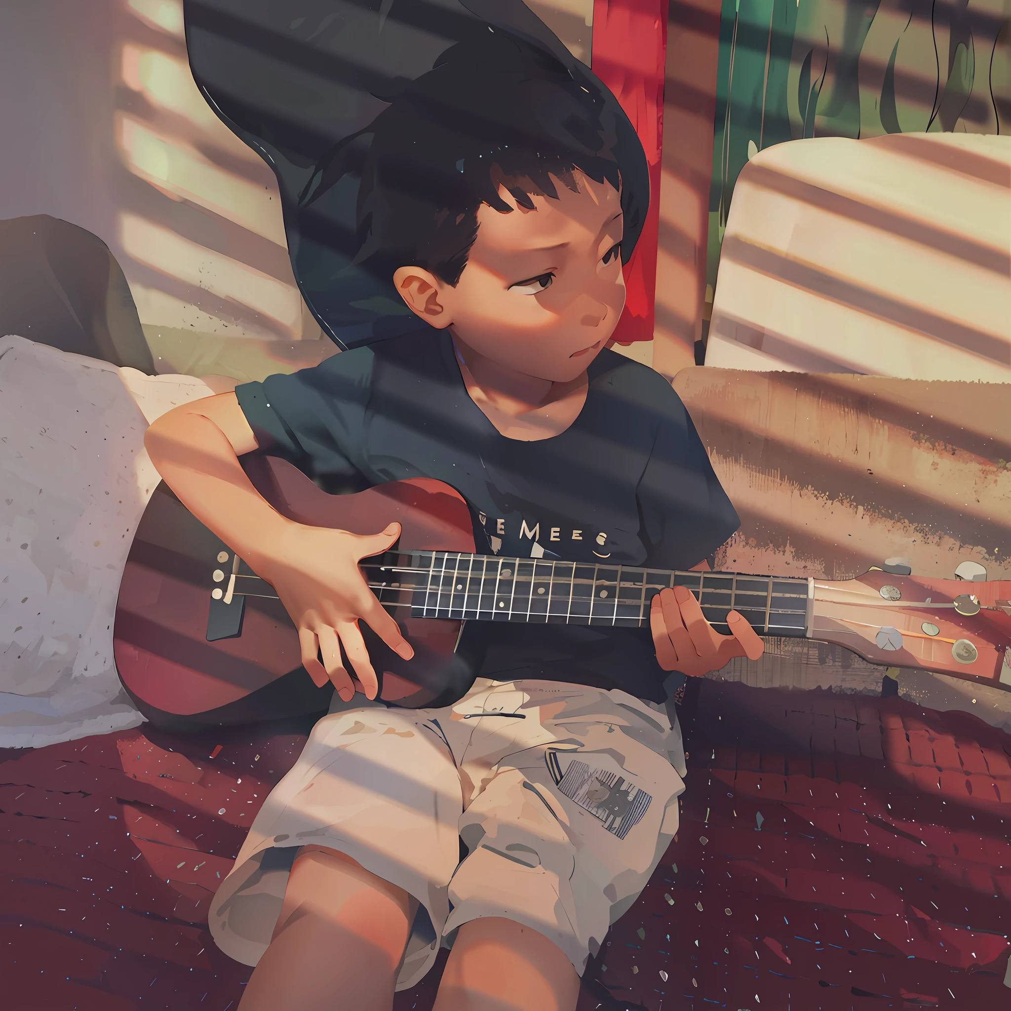 There was a little boy sitting on the bed playing guitar, plays the guitar, Improvise music, Playing guitar, plays the guitar, guitar solo, plays the guitar, the guitar player, guitarists, Guviz-style artwork, [ Digital art ]!!, kid, he is a rockstar, Playing electric guitar, Photo Hot, is playing a lute