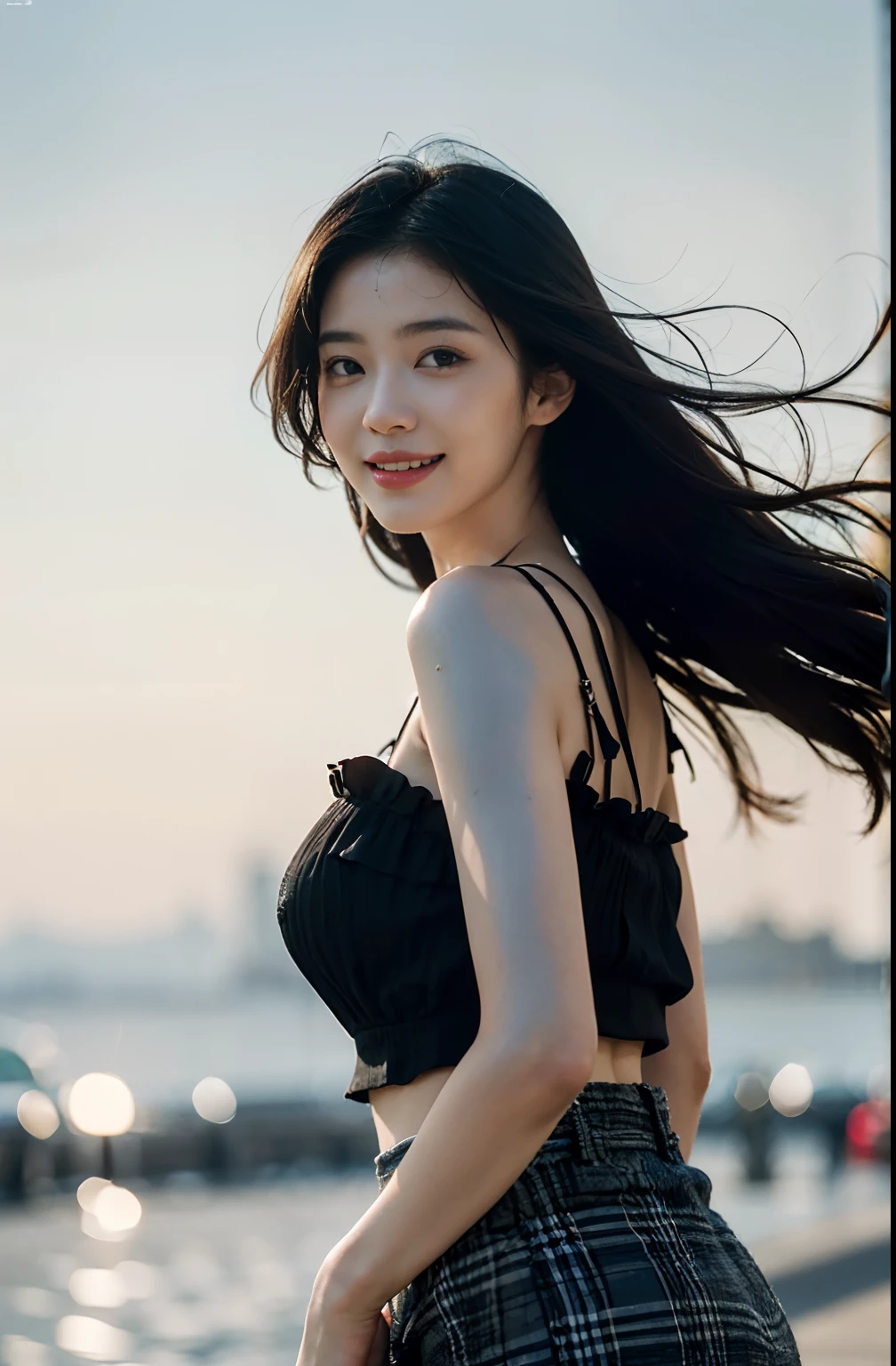 Best quality at best,tmasterpiece,photograph of-realistic,Complicated details,RAW photogr,Photon rendering,rendering by octane,absurderes,ultra - detailed,详细的脸,Detailed skins,Trends on Artstation,8K masterpiece,cinmatic lighting,((1girl))Community,Upper body skirt,((独奏)),((looking_at_viewer)),cg society,plasticien,((black long hair)),((beautiful woman)),(Smile),((sexy)),The wind blows hair,((floated hair)),happy,fashion magazine,longeyelashes