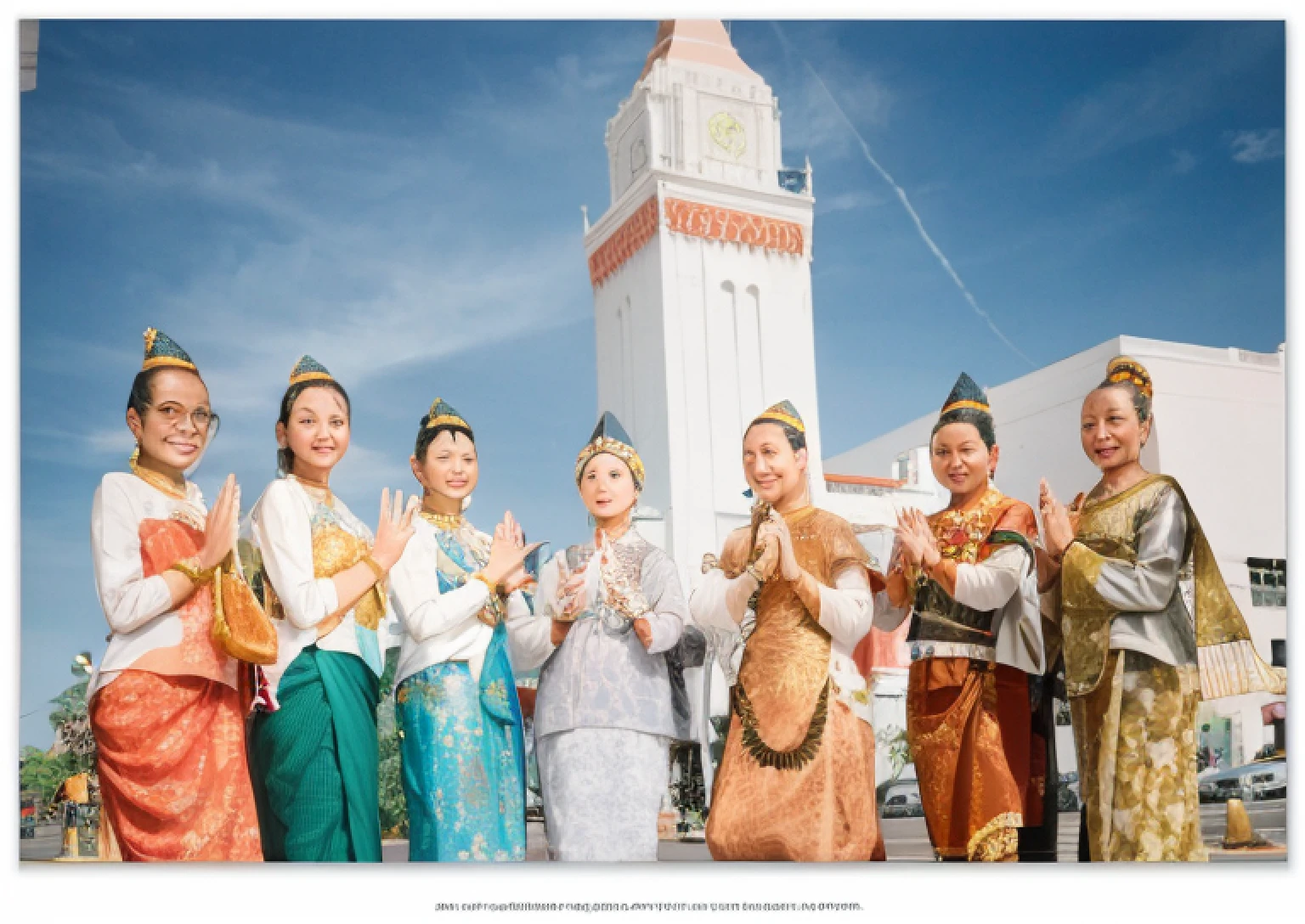 several women in colorful outfits are standing in front of a clock tower, Thailand costume
