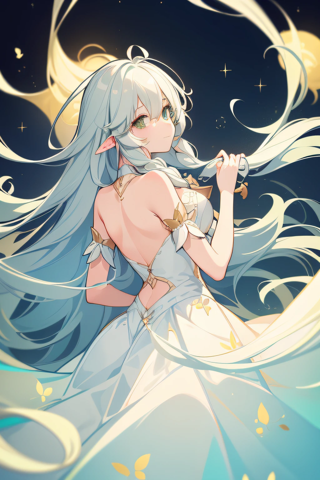 (((Best quality))), ((Ultra-detailed)), ((illustration)), ((Disheveled hair)), ((frilld)), (1 girl),(Solo),closed_mouth, diffraction_spikes, glint, looking_at_viewer, sparkle_background, rating:safe, long_hair, white_hair, full_body, back, Turn_Back