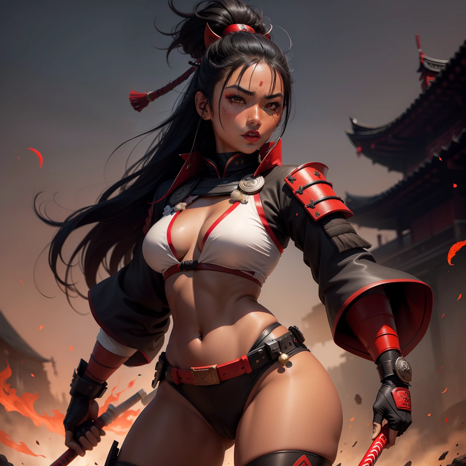 Female samurai warrior, jet black hair, dark skinned tanned, red black, bright moon, freckles on the face, red lipstick, full body