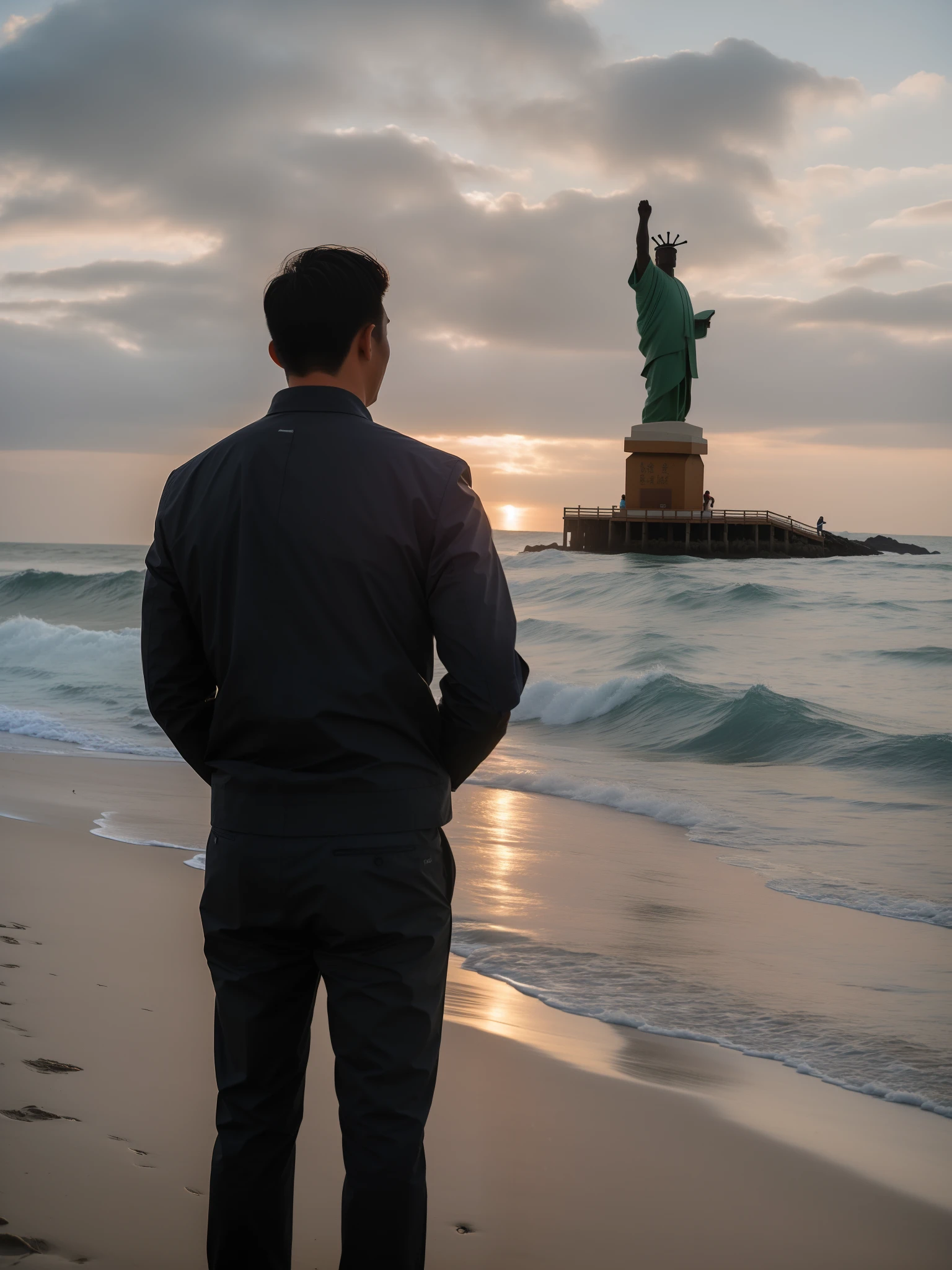 Arafeld man standing on the beach，The sea washed his feet。