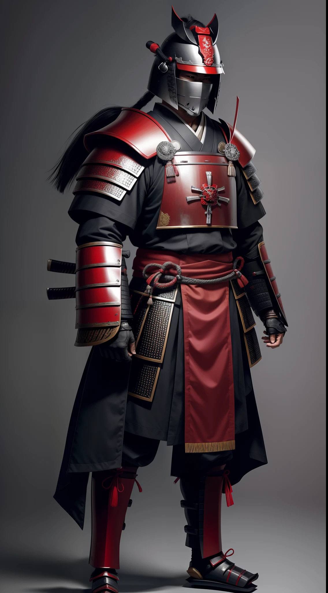 full body portrait of one Japanese Samurai Warrior, front view, looking at the camera, wearing samurai black and red armor, with helmet covering his mouth, frontview