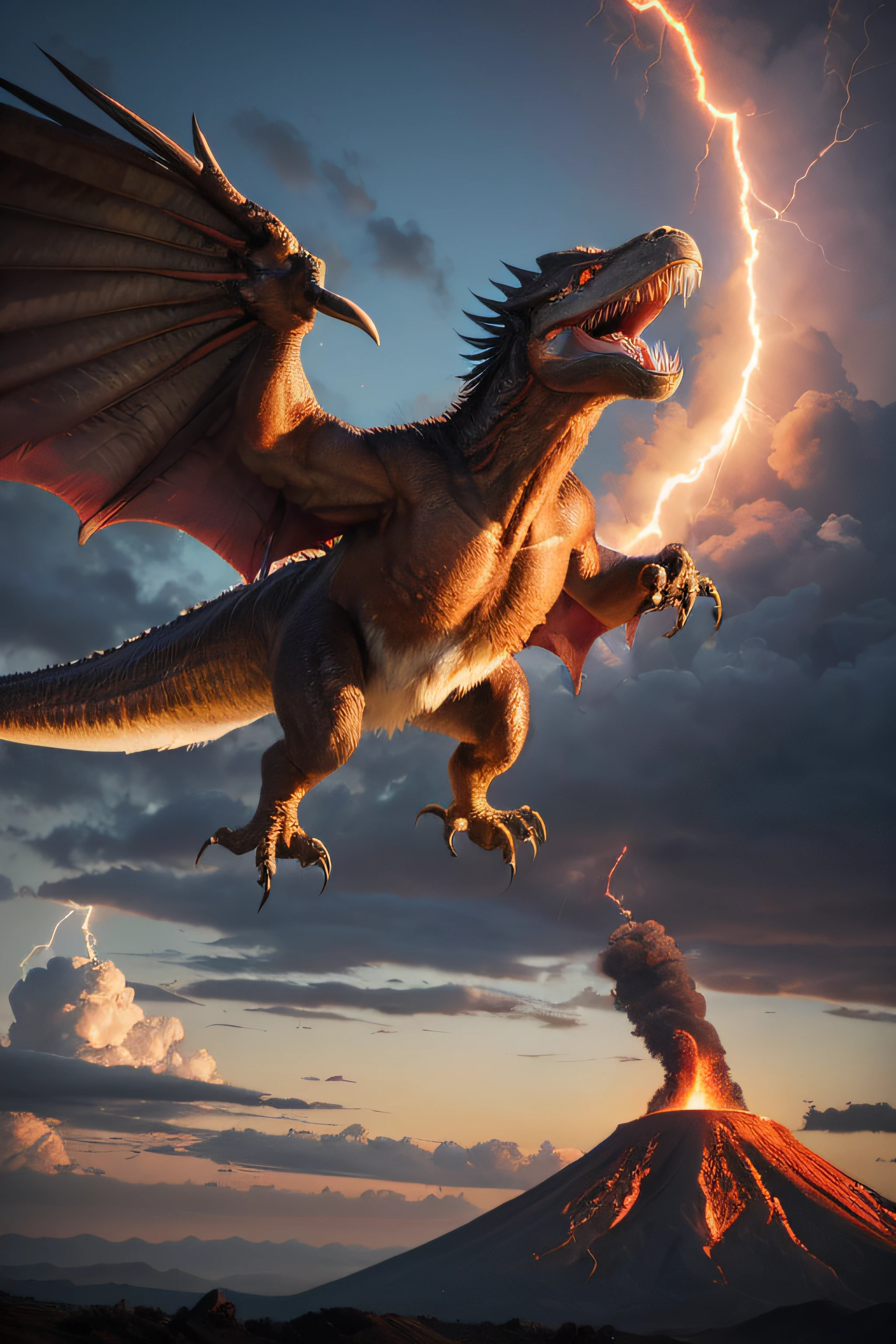 Phoenix attacking Tyrannosaurus Rex, volcano background with lightning in the clouds