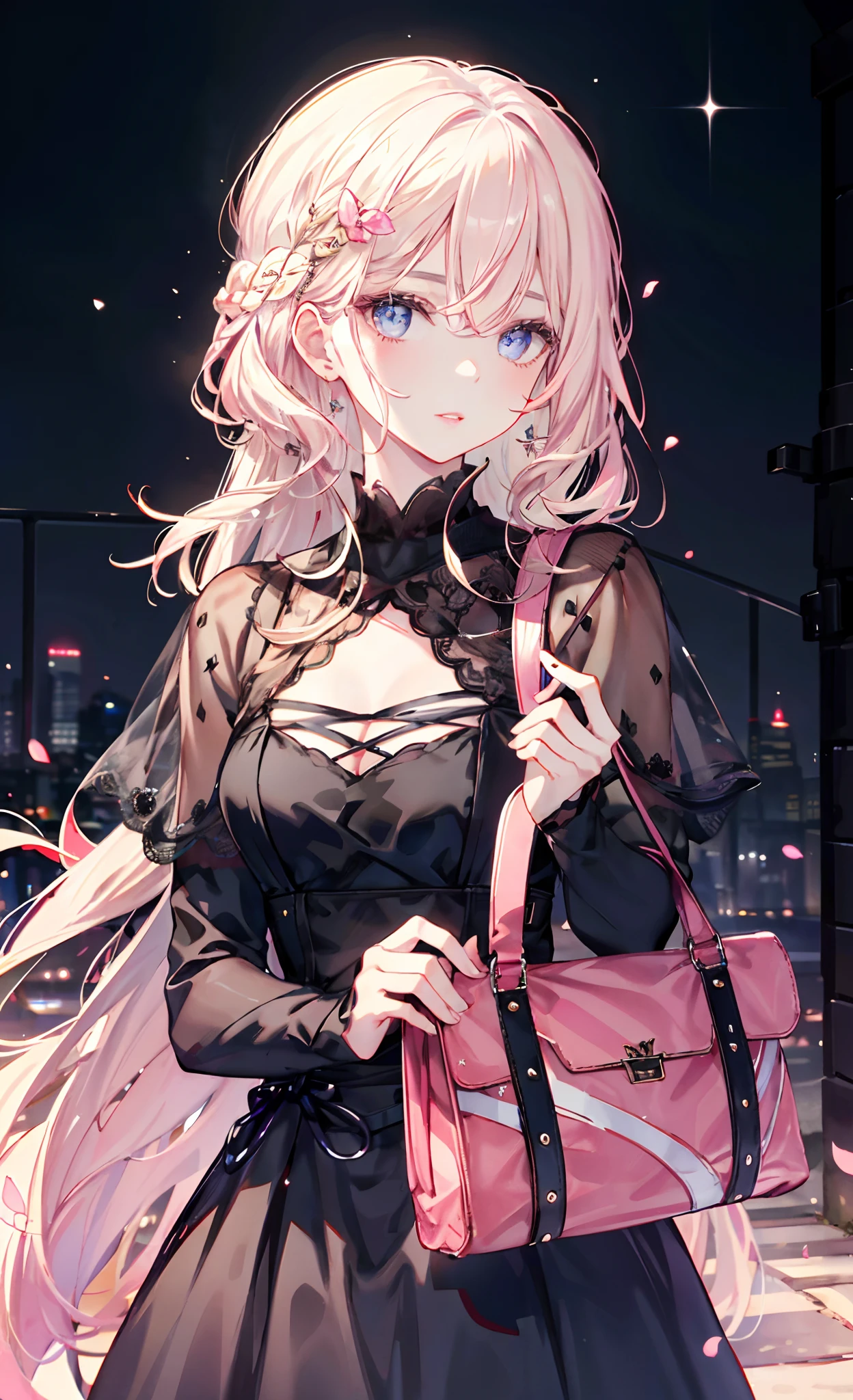meticulous portrayal of face,1 noblewoman,a matural female,Black dress long dress,(Pink White Long Hair),(dark night background),Prom,carryng bag, s the perfect face, perfect hand, Perfect Finger, Perfect lips, perfect eyes, Perfect background