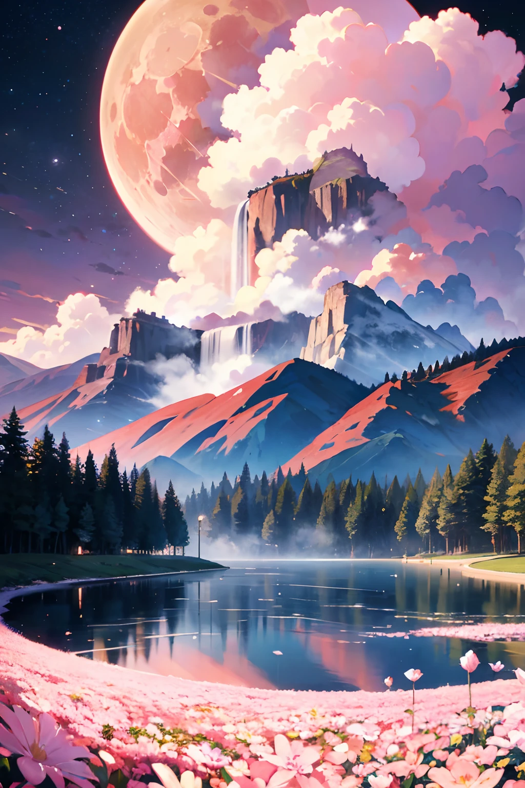 No Man，Distance，The mountains are shrouded in mist，high saturated，style of anime，high detal，anime big breast，blurryforeground，vanishing point，kanon，ultra-wide-angle，UHD，8k，A high resolution，high qulity，tmasterpiece  ，Pink moon，Pink starry sky，Soft pink clouds，pink ocean waves sparkling，Sparkling，Pink flowers on a pink ocean --auto --s2
