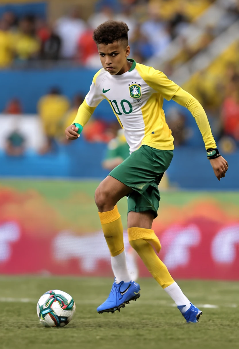 (jovens jogando bola no campo de futebol, com Neymar Junior, wearing a shirt of the Brazilian national football team)