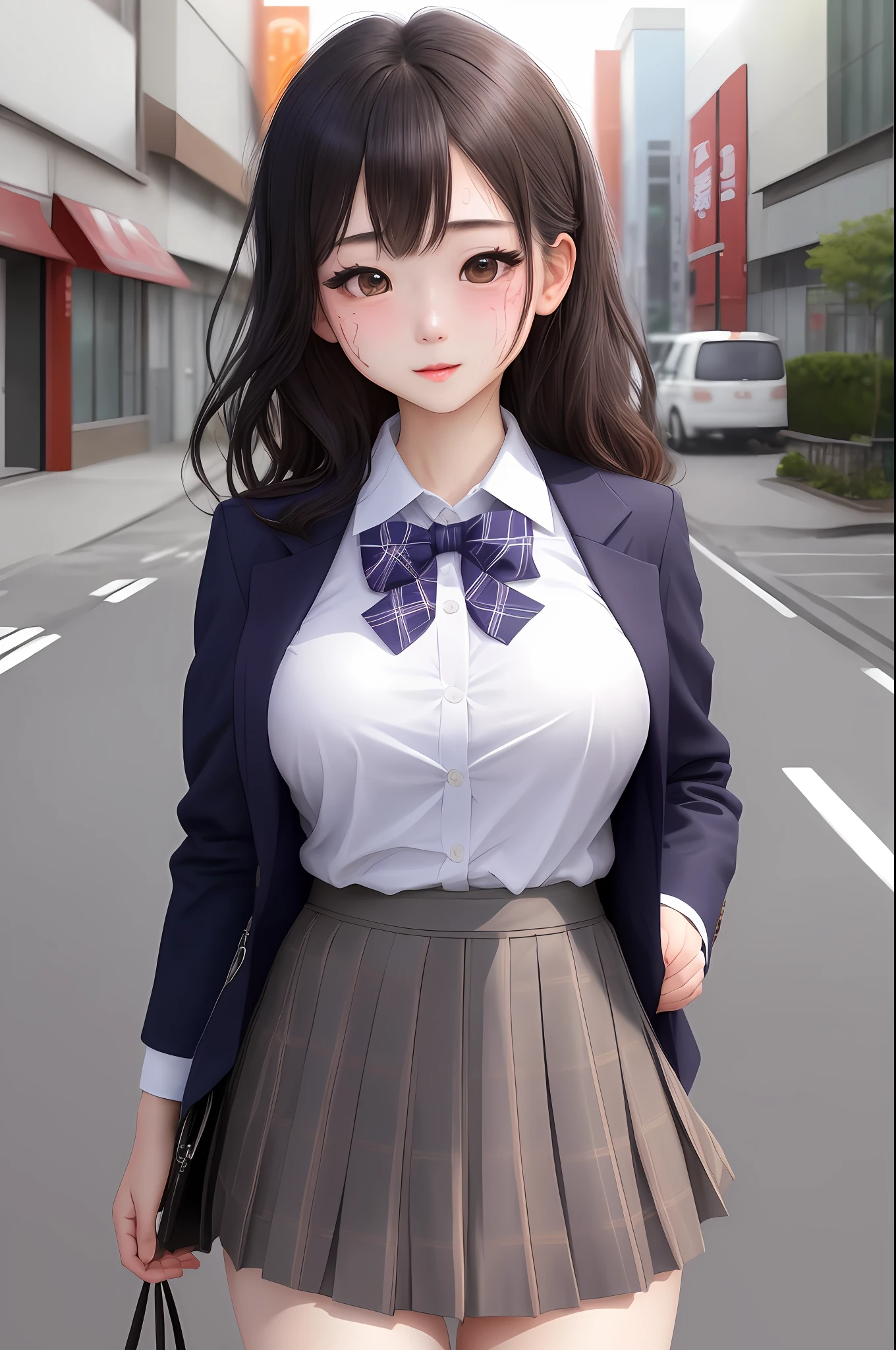 ((top-quality、8K、masterpiece:1.3))、foco nítido:1.2、Beautiful schoolgirl in perfect style:1.4、A slender、((A dark-haired、tits out:1.2))、gravure model、(natural soft light、street snap、TOKYOcty、Harajuku:1.1)、Highly detailed facial and skin texture、A detailed eye、二重まぶた、Sweaty、A sexy、((Uniform 1.5))、jk suit plaid skirt pleated skirt shirt bowtie