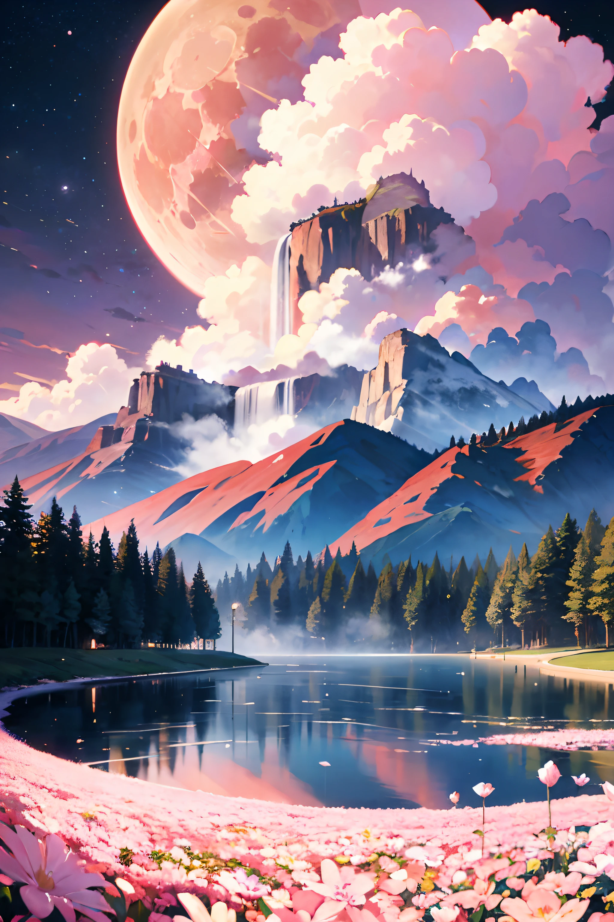 No Man,Distance,The mountains are shrouded in mist,high saturated,style of anime,high detal,anime big breast,blurryforeground,vanishing point,kanon,ultra-wide-angle,UHD,8k,A high resolution,high qulity,tmasterpiece ,Pink moon,Pink starry sky,Soft pink clouds,pink ocean waves sparkling,Sparkling,Pink flowers on a pink ocean --auto --s2