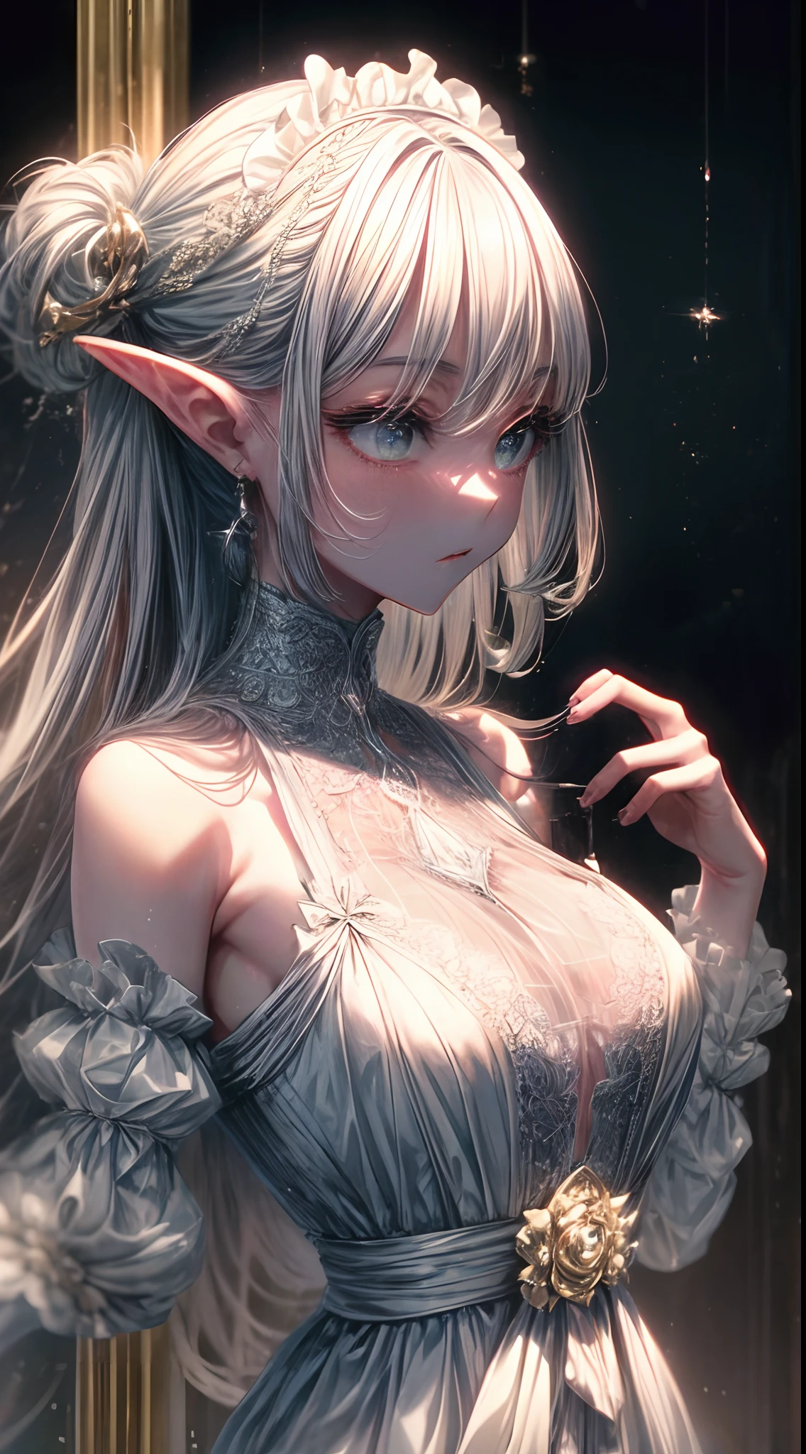 An elf embodies allure in a maid-inspired lingerie ensemble. The delicate lingerie drapes around their form, showcasing their ethereal beauty with a touch of sensuality. The essence of a maid's uniform is preserved in the design, as lace and ribbons add intricate details. Their posture exudes a captivating confidence, a blend of elegance and intimacy. This embodiment reflects both the fantasy of an elven world and the enchanting allure of the lingerie's design, creating a captivating presence that draws the gaze.