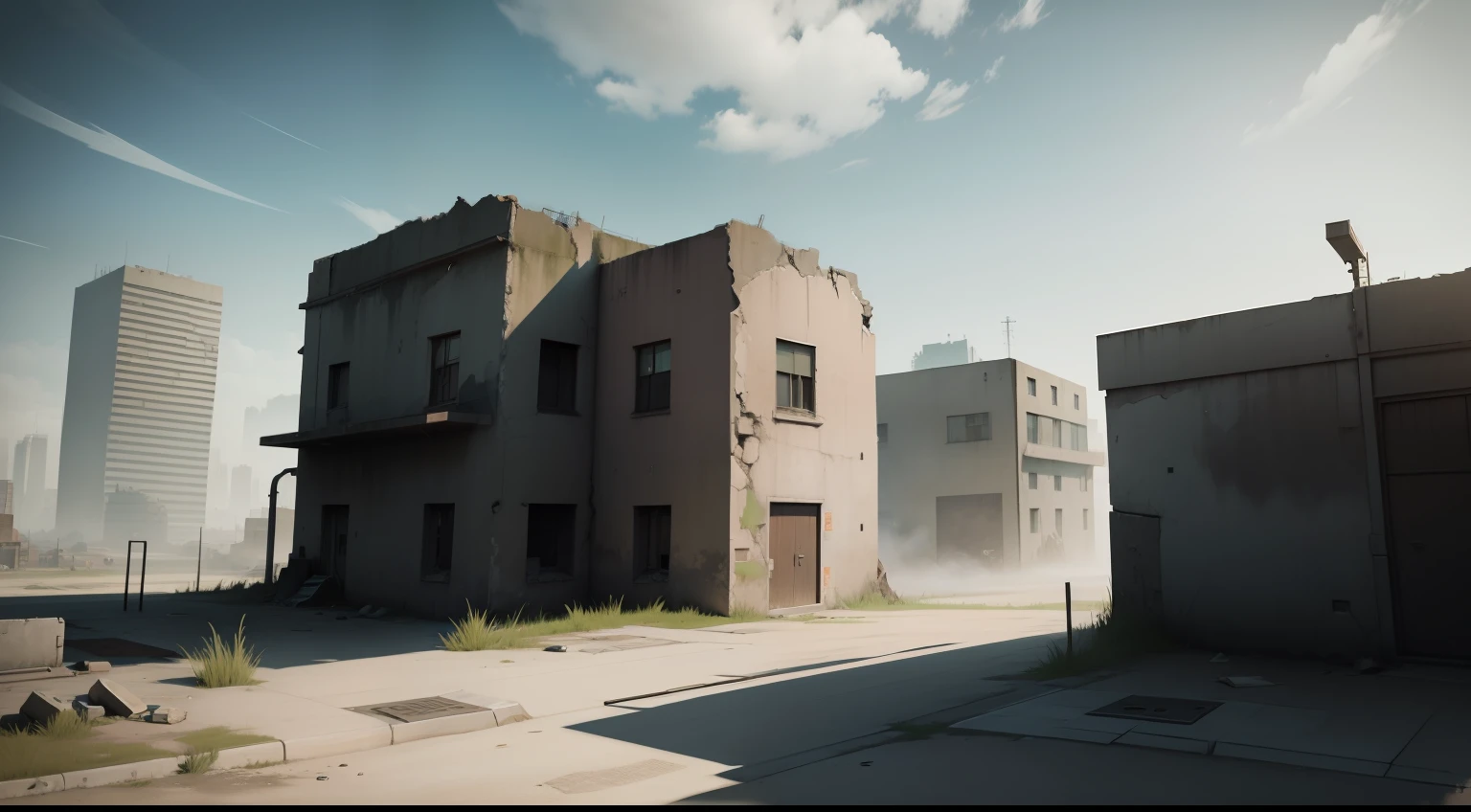 Counter-Strike game background image，No characters need to appear，Surrounded by a ruined city，low-saturation，The picture should not have too many colors，Horizontal version