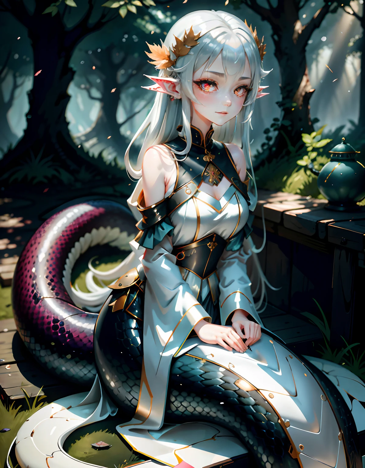 Detailed snakeskin， （AS-Adult）， Individual focus， （Lamia）， stoic， monstergirl， ， beautidful eyes， beatiful background， abandoned cottage， ln the forest， light particules， suns rays， dramatic  lighting， do lado de fora， grassy， leafs， Shiny （amarelo， Red Jewel， White gradient：1.5）， Realistis， tmasterpiece， best qualtiy， ultra - detailed， A detailed， scenecy， 美丽细致的眼睛， Detailed gray hair，beautiful red eye