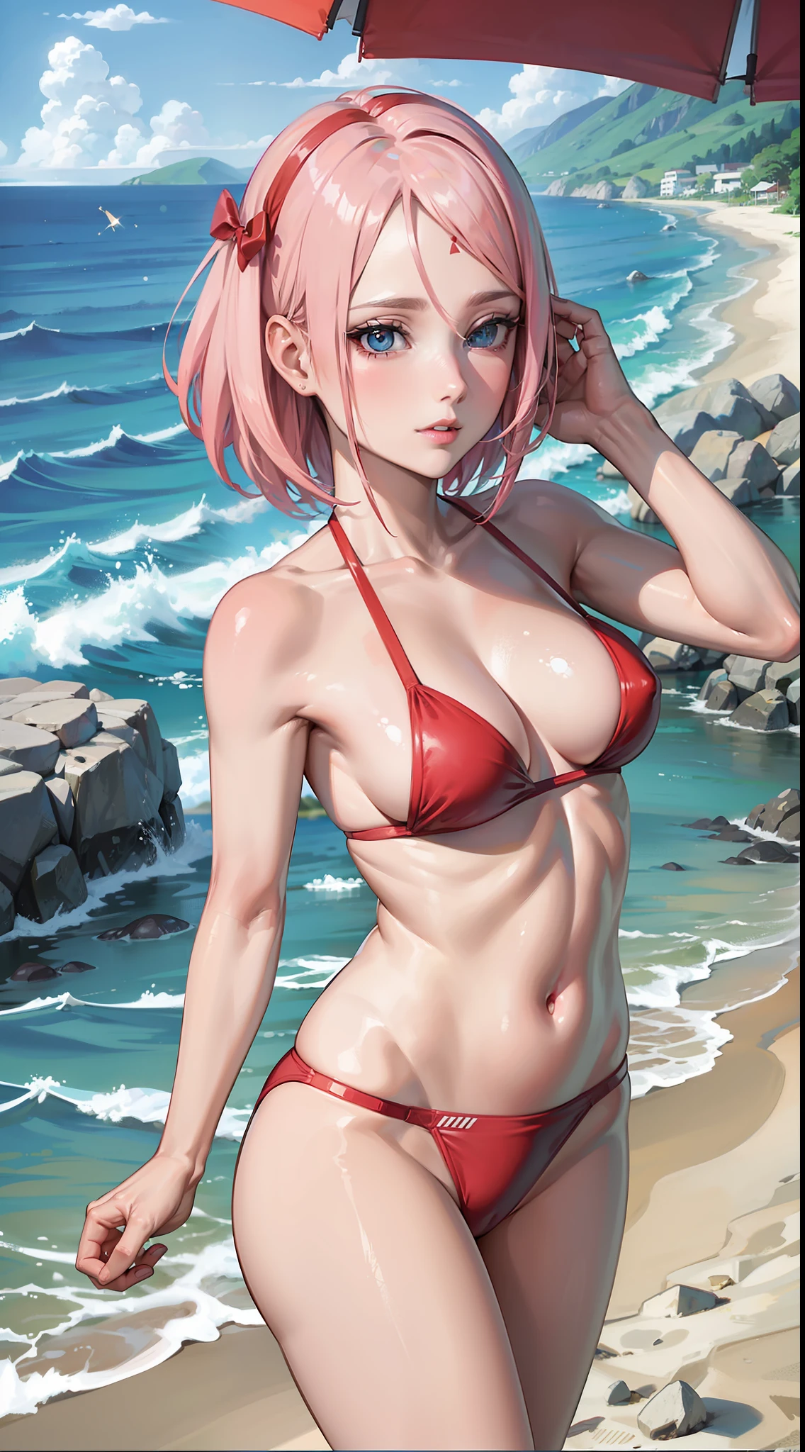 Haruno Sakura, Bela, obra prima, extremamente detalhado, melhor qualidade, best ilumination, melhor sombra, rosto perfeito, olhos verdes brilhantes, cabelo rosa curto, with a red bow in his hair, marca azul na testa, axilas, pele brilhante, red bikini, toalha, sentada na areia da praia, molhada, peitos grandes,
