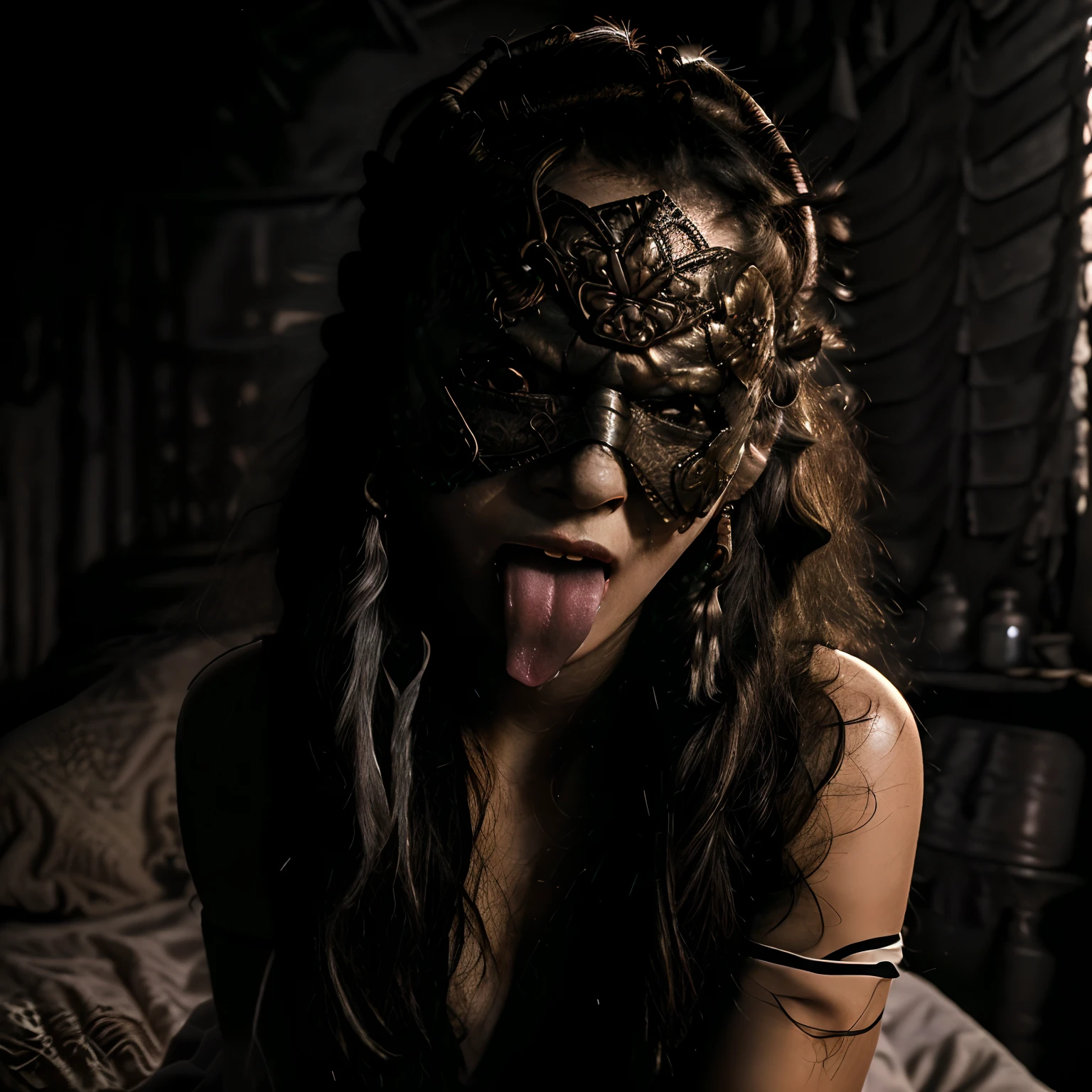 ((masterpiece, Best Quality)), 32K HDR, hight resolution, (Detailed face:1.15, Detailed texture:1.1), finely detailed skin, Sharp Focus, (Perfect slim body:1.1), (Cinematic lighting), Soft lighting, Dynamic Angle, 1girl in, (Princess Gorgo, Video 300-SMF), Solo, Long hair, Black hair, (tiara:1.1, armlet:1.1, neck less:1.1, bracelet:1.1, earring:1.1), (open legs on the bed:1.15, in the abandoned shabby hut:1.5, dark atmosphere:1.4), (tongue out:1.5, blind mask:1.7), (ultra huge tits:1.8, realistic nipples:1.2), (Full body shot:1.2),