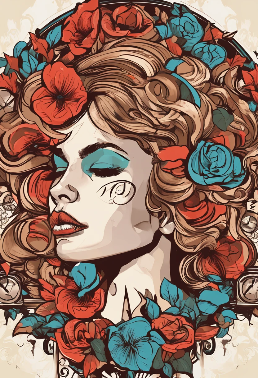 there is a woman with a rose in her hair and a clock, vector art by Radi Nedelchev, trending on cg society, digital art, in style of digital illustration, detailed face, surreal image, forehead pealing open, with red lips, exquisite digital illustration, in style of digital painting, stylized digital art, stylized digital illustration, beautiful art uhd 4 k, stunning digital illustration