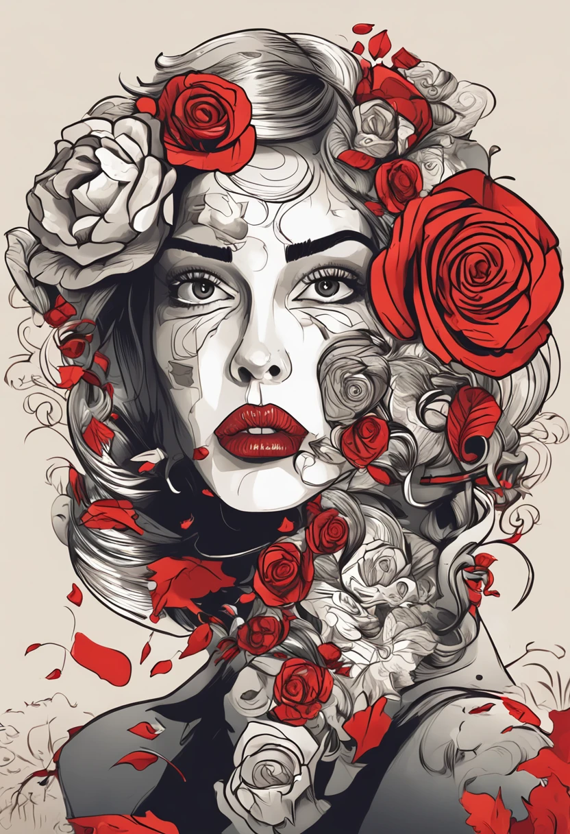 there is a woman with a rose in her hair and a clock, vector art by Radi Nedelchev, trending on cg society, digital art, in style of digital illustration, detailed face, surreal image, forehead pealing open, with red lips, exquisite digital illustration, in style of digital painting, stylized digital art, stylized digital illustration, beautiful art uhd 4 k, stunning digital illustration
