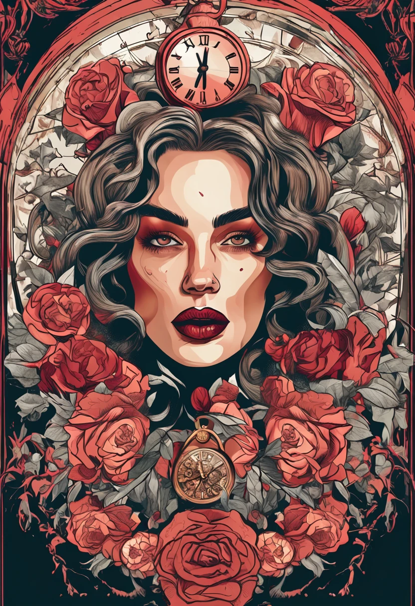 there is a woman with a rose in her hair and a clock, vector art by Radi Nedelchev, trending on cg society, digital art, in style of digital illustration, detailed face, surreal image, forehead pealing open, with red lips, exquisite digital illustration, in style of digital painting, stylized digital art, stylized digital illustration, beautiful art uhd 4 k, stunning digital illustration