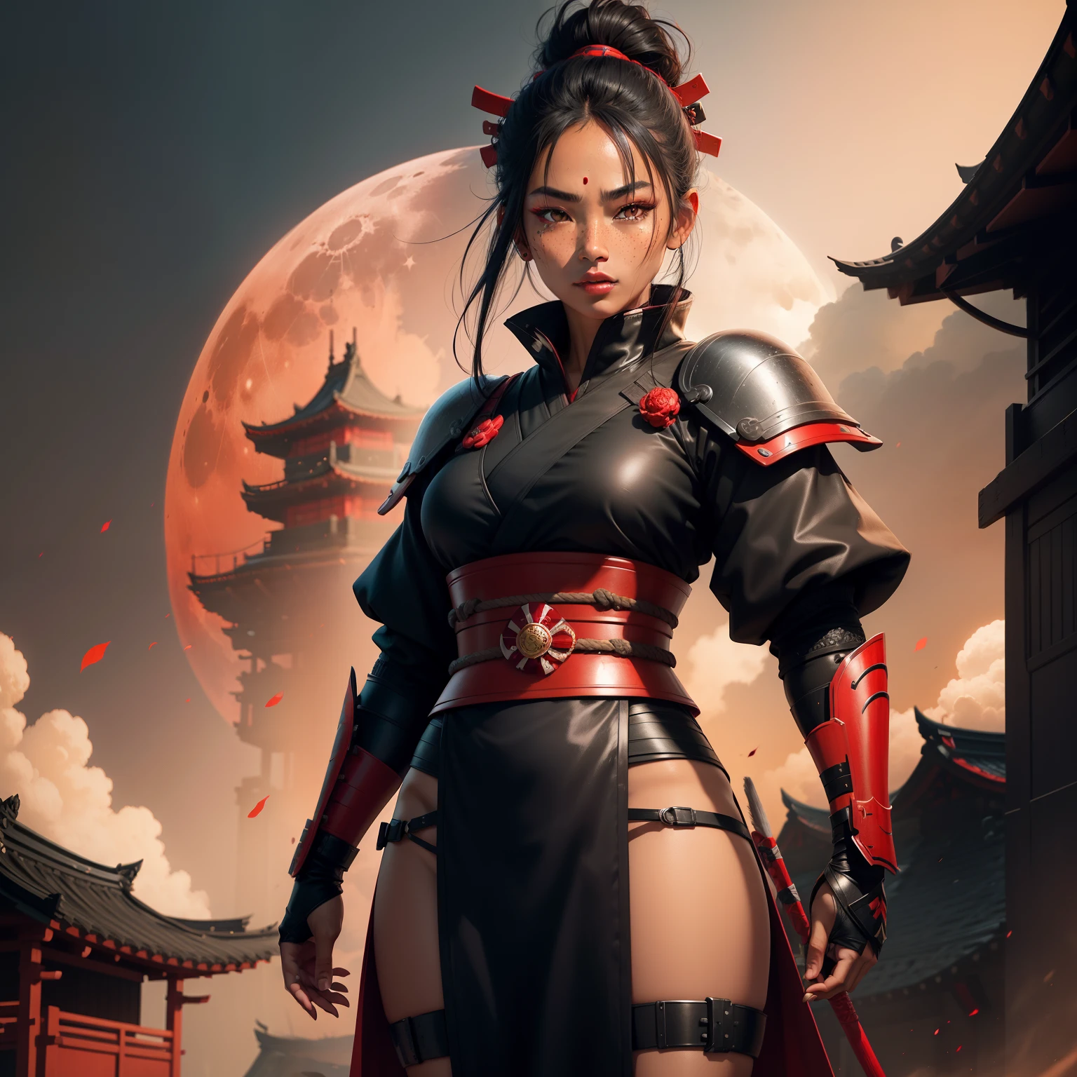 Female samurai warrior, jet black hair, dark skinned tanned, red black, bright moon, freckles on the face, red lipstick, full body