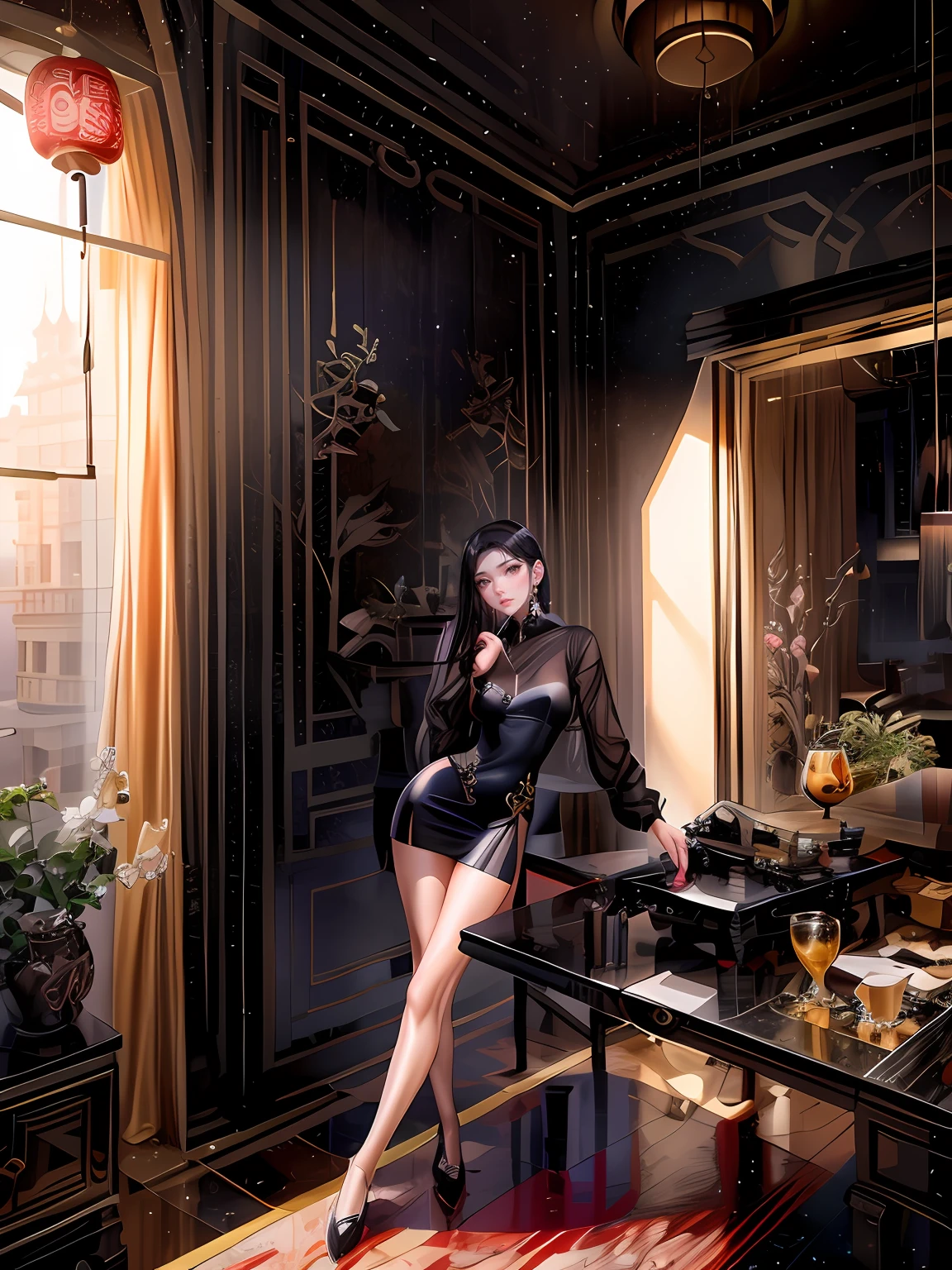 There was a woman in a black dress in the room, Gorgeous lady, 2 4 year old female model, gorgeous chinese models, stunning elegant pose, taken in 2 0 2 0, with backdrop of natural light, korean artist, Gorgeous young Korean woman, High picture quality, xintong chen, author：Emma Andievska, by Yang J, wenfei ye