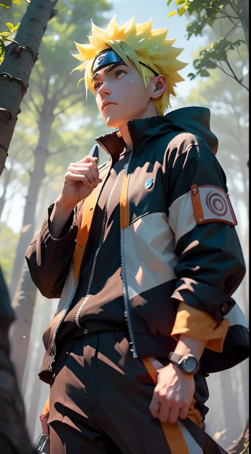 de corpo inteiro, brilhante, um  de cabelos loiros, olhos azuis e rosto marcado por bigodes semelhantes ao do naruto uzumaki, wearing a black jumpsuit with orange stripes and a black jacket, Holding Shuriken in the palm of his left hand, Standing on a tree branch in a forest,  4k, anime