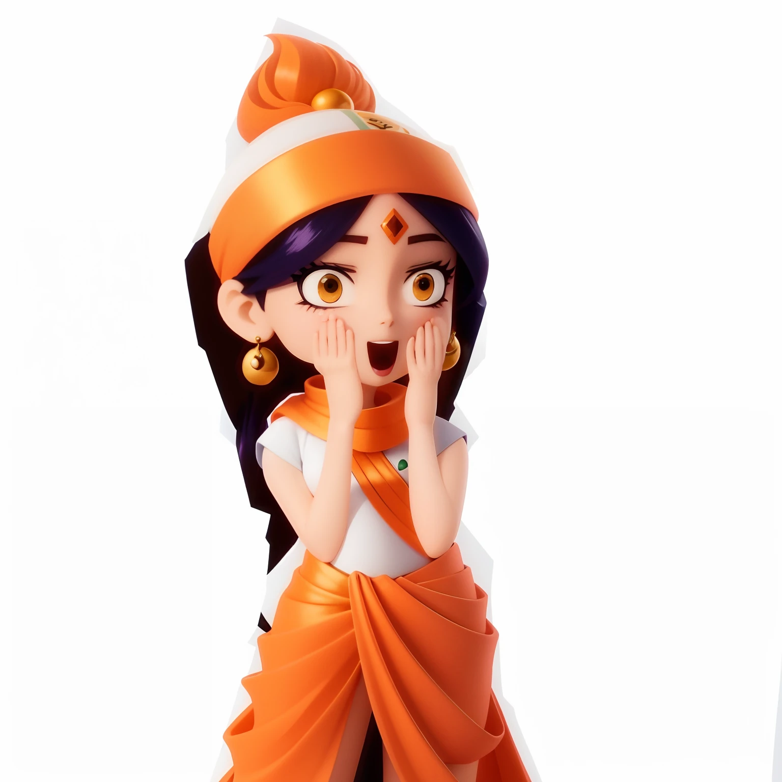 estatueta de anime de uma mulher com um olhar surpreso em seu rosto, render de uma  anime 3d bonito, desenho animado ainda, animation character, inspirado em Puru, bjork animado dreamworks, Hindu god, imagem dos desenhos animados, Caractere mesclado, She has a happy expression, como um personagem claymation, A Deusa Hera parecendo surpresa, pose surpresa e feliz, promotion