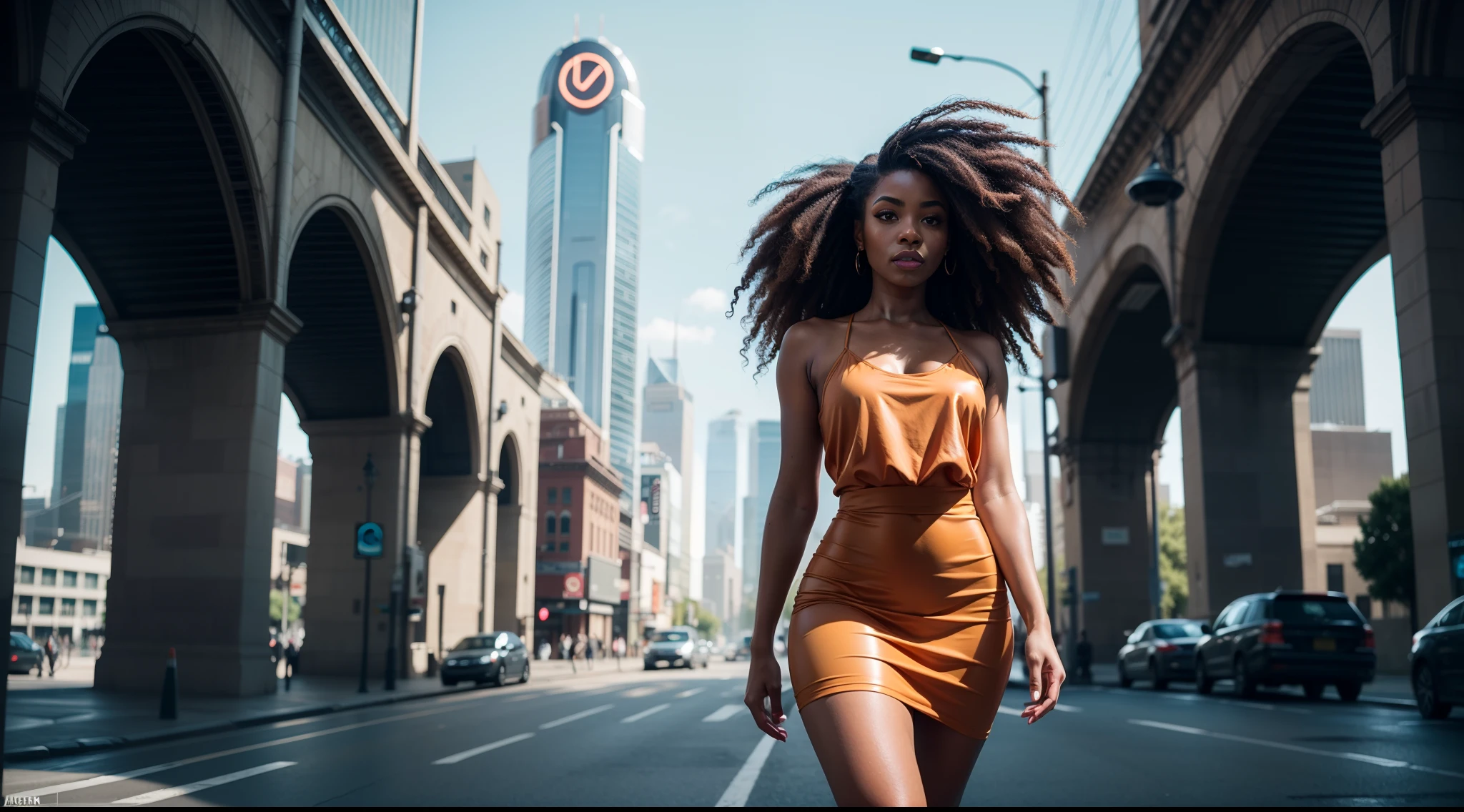 (highly detailed photo:1.1), 8k, photorealistic, insanely detailed:1.5), (highest quality)A beautiful futuristic black woman, big natural hair, orange neon dress, full body character, flawless makeup, intricate futuristic cityscape, 8k resolution concept art trending on Artstation deep color action painting finalRender retrofuturism", best quality, beautiful, film grain, best quality, beautiful, film grain