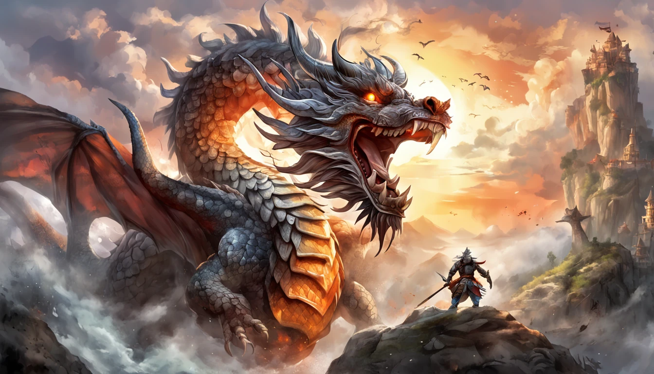 super high resolution, Chinese dragon, (length: 1.2), (fine: 1.2), long hair, sharp teeth, red eyes, teeth, huge, bird, outdoor, standing, scales, clouds, horns, armor, sky, open mouth, confrontation, charge, monster, size difference, white hair, building, valley, (realistic texture: 1.2), (glowing multicolored scales: 1.2), (realistic details: 1.2), hdr, ultra-detailed 3D modeling like Tim Burton, Dale Chihuli, Xiaolongcheng, Cyril Rolando and other authors such as Jr. Giger's style paintings are just as magical. Shadows and lighting intertwine to create brilliant effects., fire, ocean, dragon, bird, cloud, star \(symbol\), paper_cut, (white background:1.1), from behind, illustration, Best quality, masterpiece, (((masterpiece))), best quality