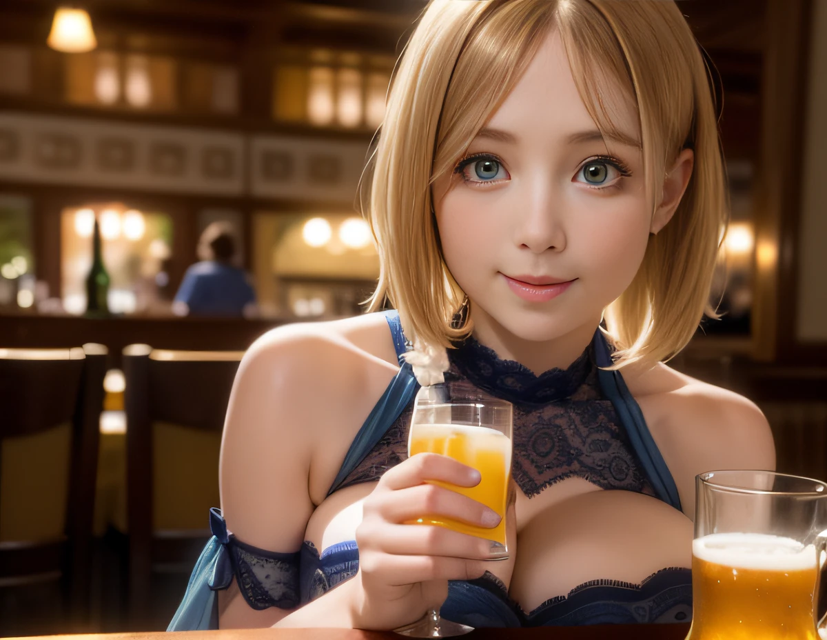 top-quality、masterpiece、超A high resolution、(Photorealsitic:1.4)、Raw photo、1girl in、((Dark Blue Lace Nightgown))、((Big breasts))、Chloë Grace Moretz、A smile、A delightful、Woman sitting at table with beer glass in front of me,Drinking beer, Beer in hand!!,