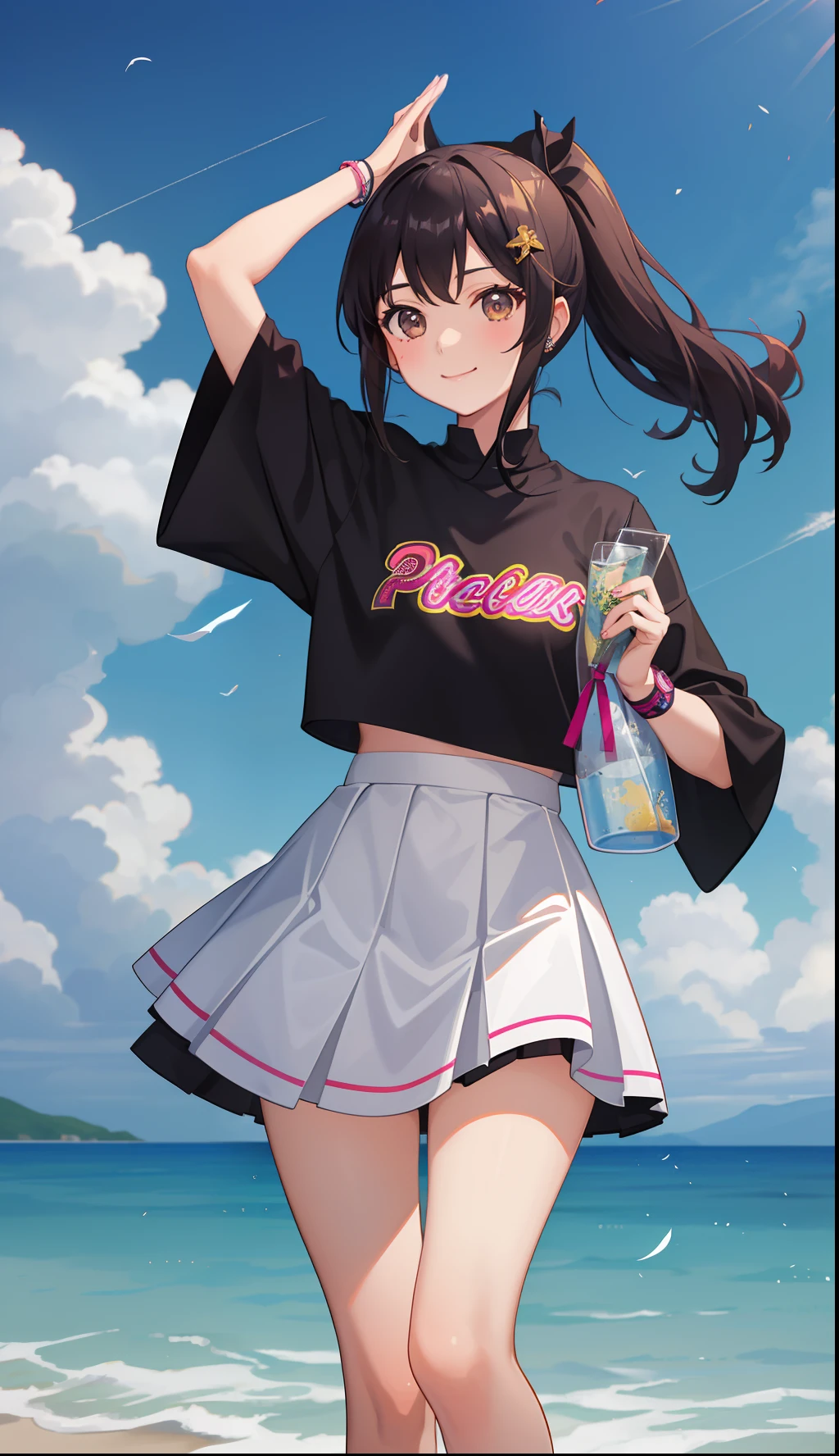 1girl in、A smile、cheering party、a miniskirt、Chia、poneyTail、((small tits))、