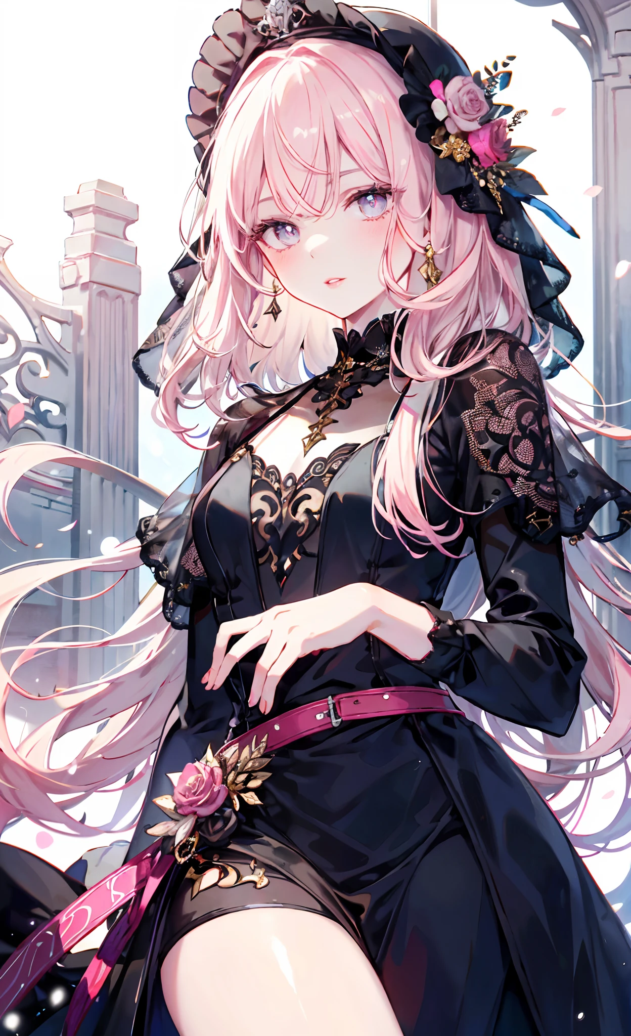 meticulous portrayal of face,1 noblewoman,a matural female,Black dress long dress,(Pink White Long Hair),(dark night background),Prom,Regalia, s the perfect face, perfect hand, Perfect Finger, Perfect lips, perfect eyes, Perfect background