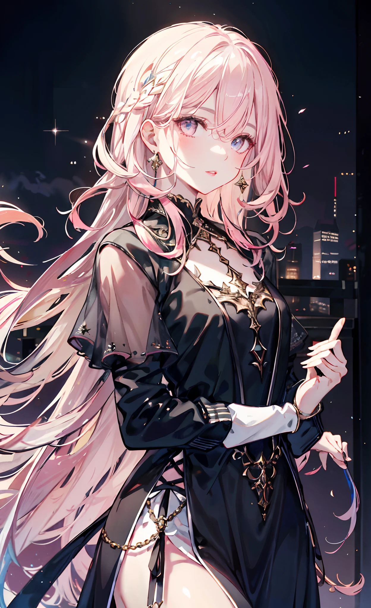 meticulous portrayal of face，1 noblewoman，a matural female，Black dress long dress，(Pink White Long Hair)，(dark night background)，Prom，Regalia，  s the perfect face， perfect hand， Perfect Finger， Perfect lips， perfect  eyes， Perfect background