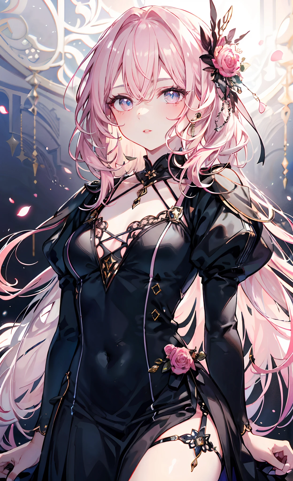 meticulous portrayal of face,1 noblewoman,a matural female,Black dress long dress,(Pink White Long Hair),(dark night background),Prom,Regalia, s the perfect face, perfect hand, Perfect Finger, Perfect lips, perfect eyes, Perfect background