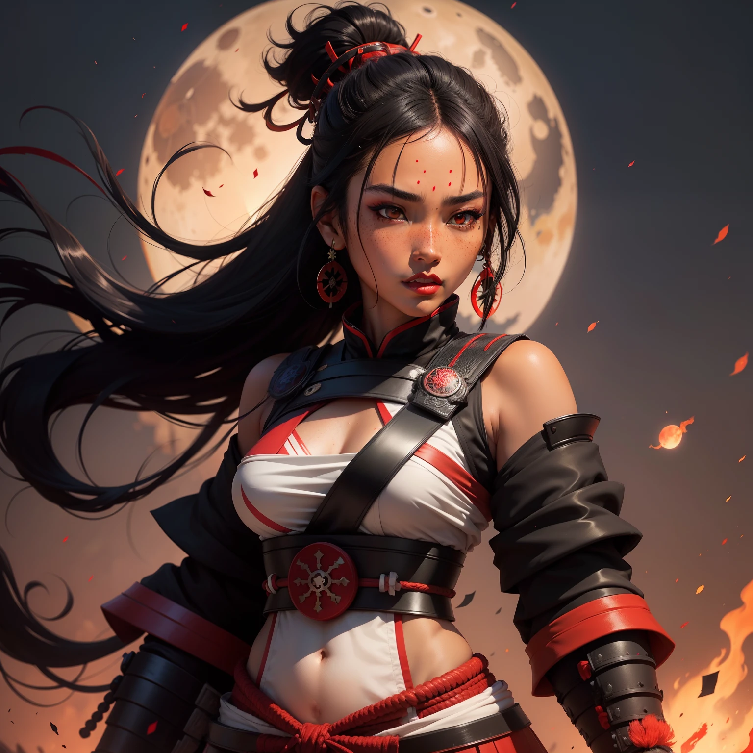 Female samurai warrior, jet black hair, dark skinned tanned, red black, bright moon, freckles on the face, red lipstick, full body, no extra hair, diamond shaped face, cover top, black eyeballs, geisha warrior, brown skinned
