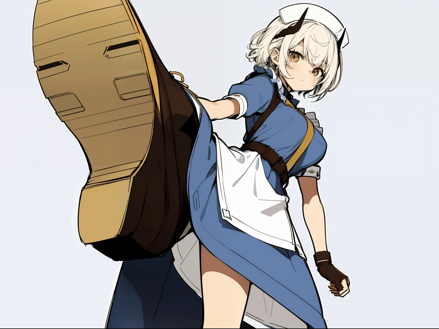 (Himlosena,11 years old,sketch,Cowboy Shot,Flat color,anime colours,high kick pose:1.2),White hair,short-hair, gloves, Blue Dress, Apron, Nurse Cap, arm band, Horns,Brown boots,action, White background,Halo,Looking to the side,medium breasts,