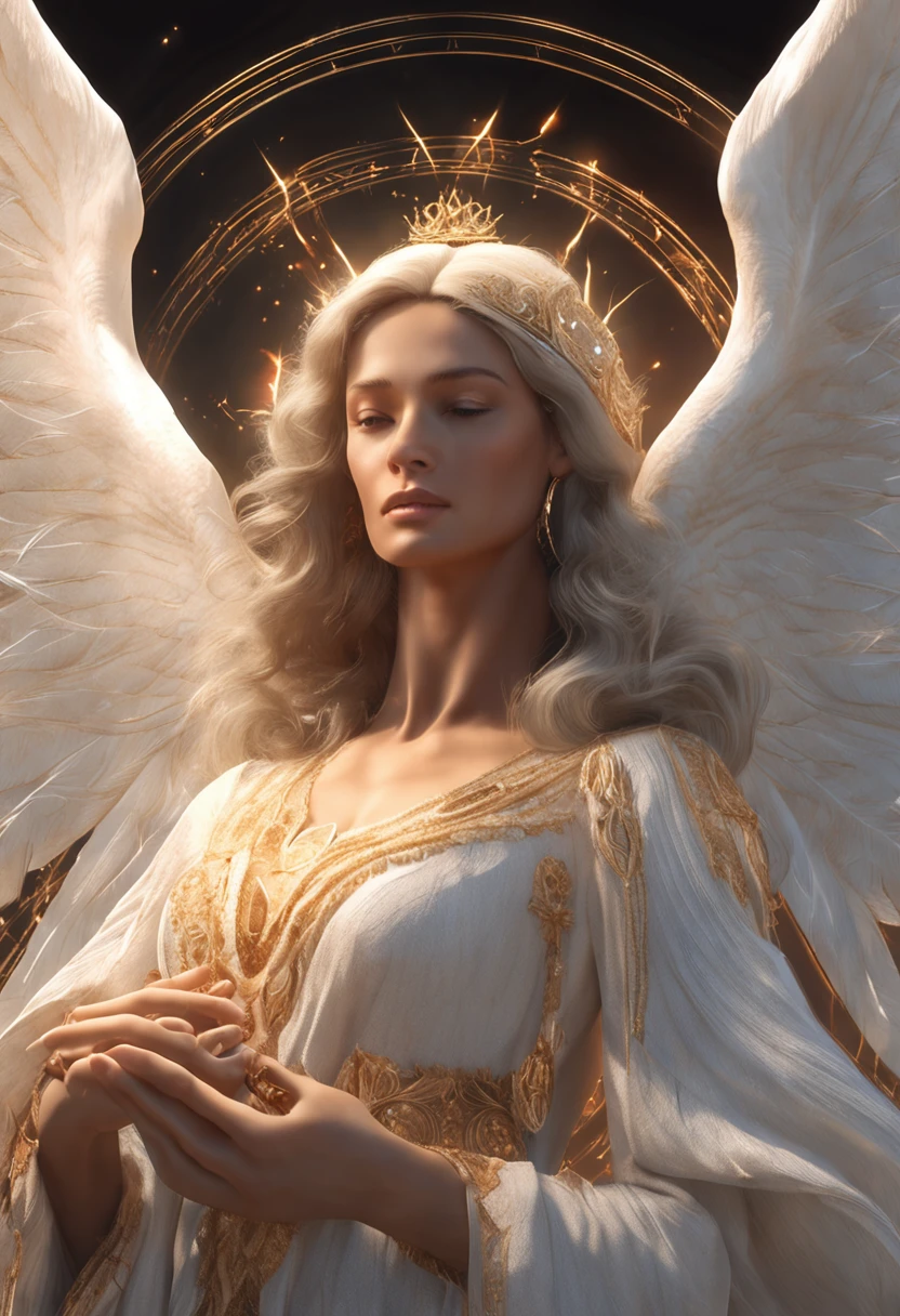 photorealistic, (hyperrealistic:1.2), beautiful, masterpiece, best quality, extremely detailed face, perfect lighting, nice hands, perfect hands,    A divine and radiant angel in celestial splendor, (heavenly presence:1.2), (serene expression), (majestic wings), (ethereal glow:1.1), (peaceful and comforting), (transcendent beauty), (divine grace), (symbol of purity), (golden halo), (uplifting atmosphere), (celestial realm), (spiritual enlightenment), (gentle and protective), (illuminating light:1.2), (seraphic figure), (harmony and serenity), (angelic robes), (timeless and celestial), (captivating aura), (healing and guidance)