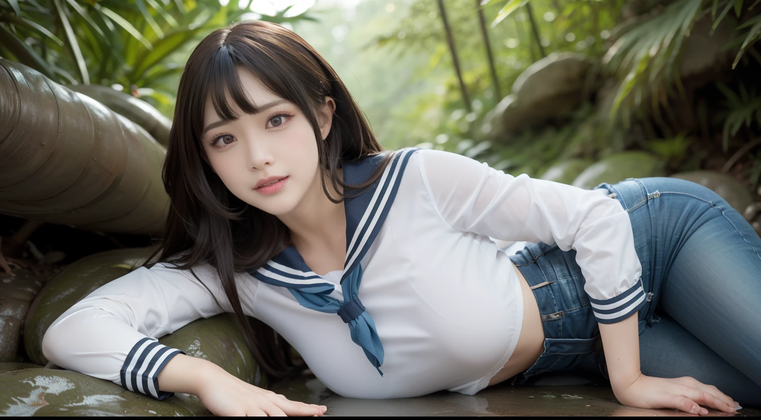 a pregirl，ssmile, looking at viewert, sailor uniformm,skintight jeans，photore, realisticlying, Best quality at best, employee, 详细的脸，Lying on a large mossy stone in a bamboo forest， diffuselighting, depth of fields