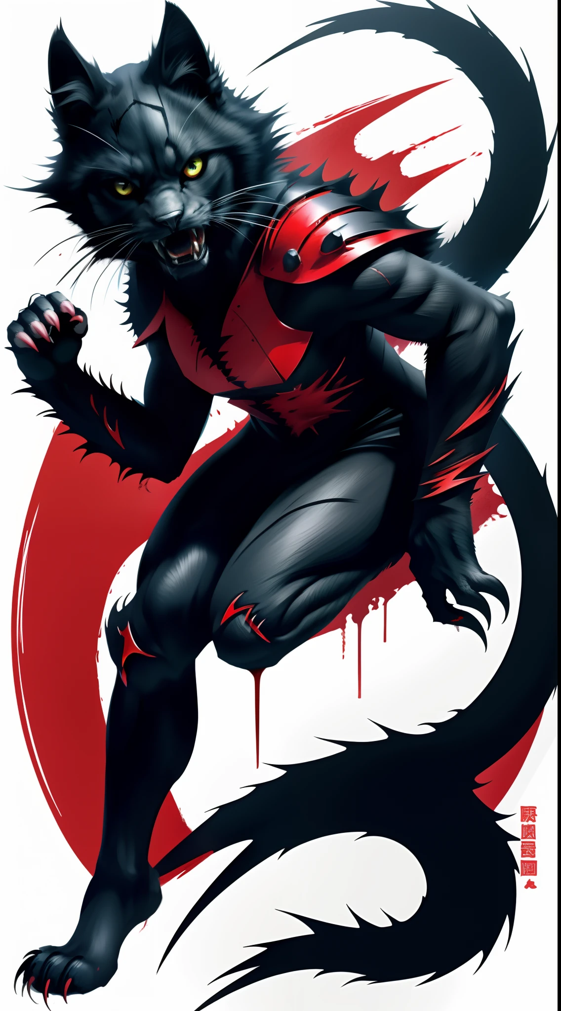 Fierce black cat,red - eyed,White fangs,Sharp claws,Teeth and claws,Blood-covered armor,Blood dripped from the corners of the mouth,Full body like,Prepare for a raid。