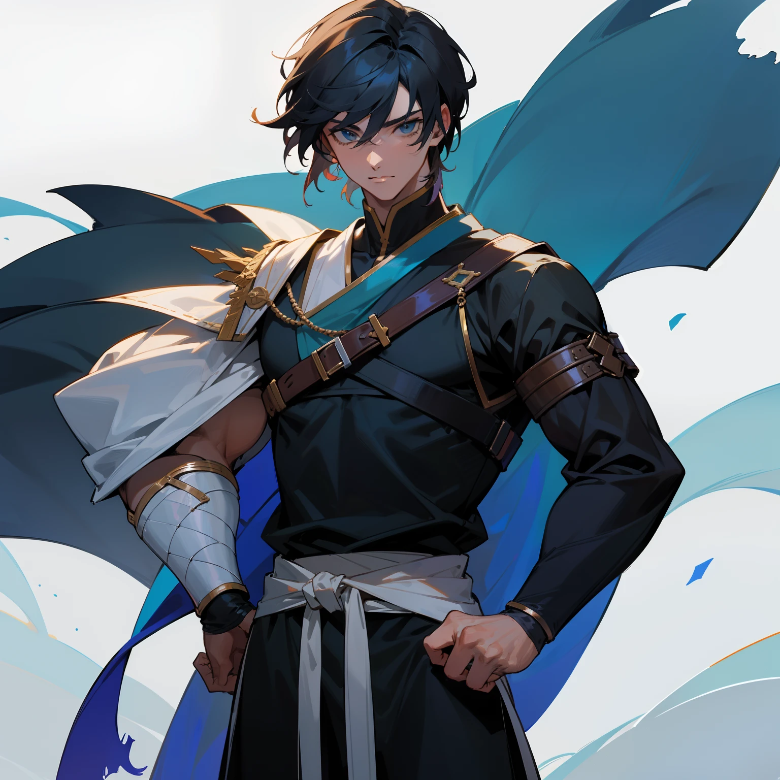 Imagem frontal de um personagem masculino jovem, olhos azuis, Young warrior prince, com roupas medievais, black gradient haircut, musculoso, fisicamente forte, Physical Bodybuilding, Vibe Sombria. Personagem arrogante. fundo dark