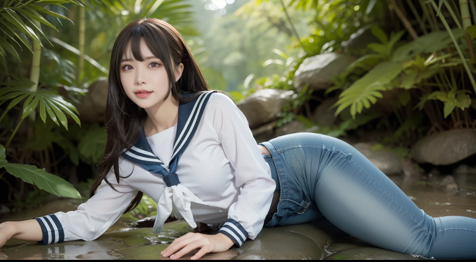 a pregirl,ssmile, looking at viewert, sailor uniformm,skintight jeans,photore, realisticlying, Best quality at best, employee, 详细的脸,Lying on a large mossy stone in a bamboo forest, diffuselighting, depth of fields