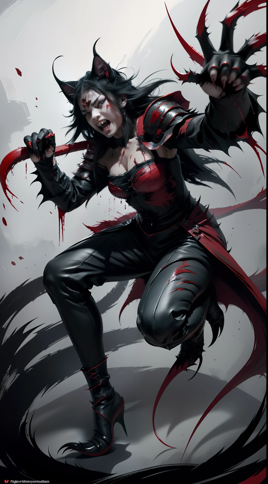 Fierce black cat，red - eyed，White fangs,Sharp claws，Teeth and claws，Covered in bloody armor,Blood dripping from the corners of the mouth,Full body like,Prepare for a raid。