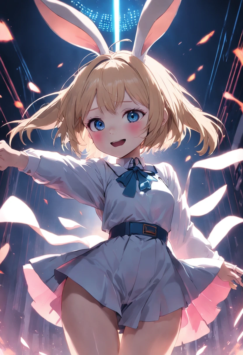 (masterpiece:1.2), (pale skin:1.2), (8k:1.2), (solo:1.2), (female:1.1), (emphasis lines:1.3), (dynamic angle), short hair, (blonde:1.1), bunny ears, (furry:1.1), (bunny:1.1), smile